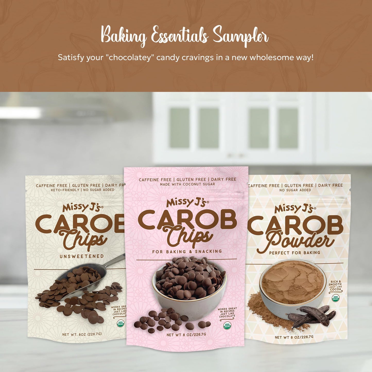 Missy J's Carob Chips Sampler pack-3 flavors, Vegan, Gluten and Caffeine Free Healthy Substitute for Chocolate, Perfect for Snacks and Treats