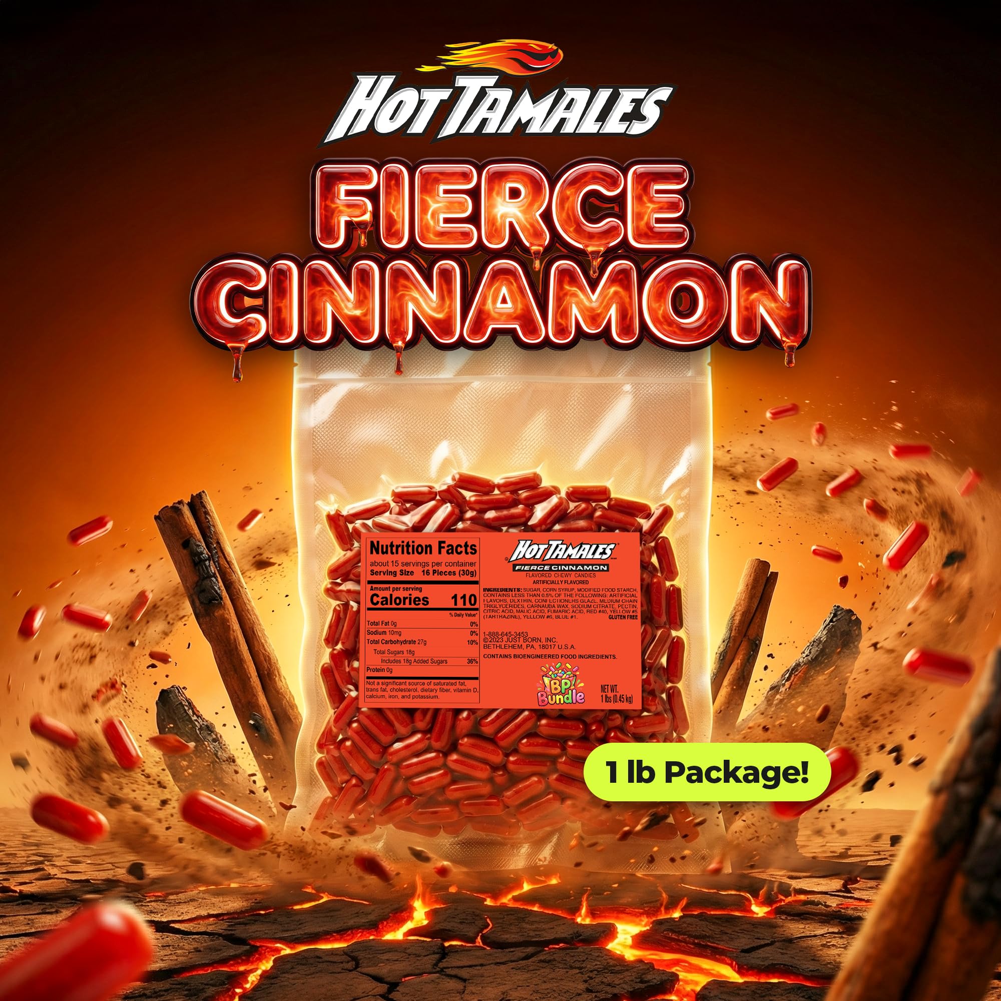 Hot Tamales Fierce Cinnamon Candy - 1lb Bulk Bag (Includes 2 x 0.5 lb Bags) - Spicy Mix, Gummy Sour, Sugar-Free Spicy Candy Variety Pack for Every