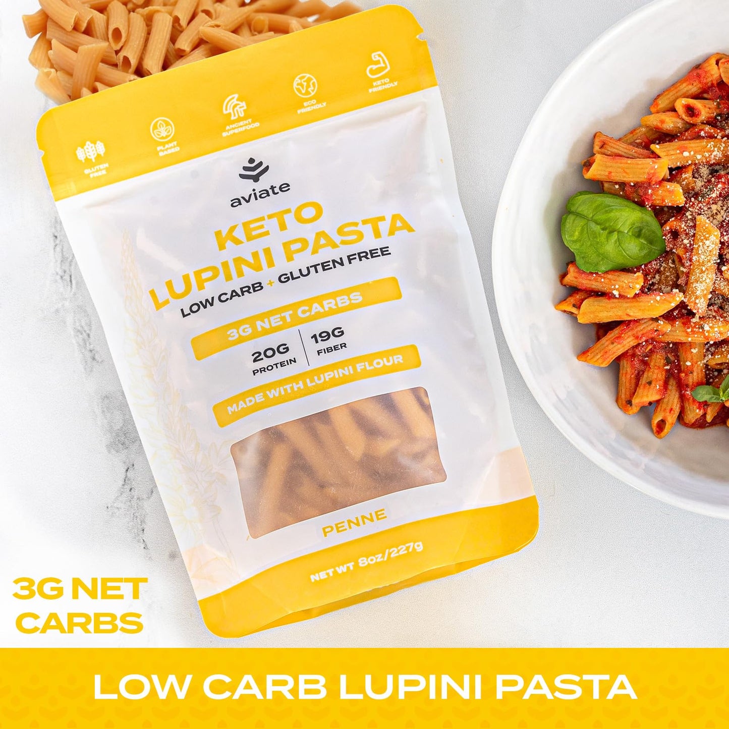 Aviate Keto Pasta Penne - Low Carb (3g Net) Lupini Penne Pasta - High Protein (20g) - Gluten-Free - Made with Lupin Flour [Plant Based Vegan]