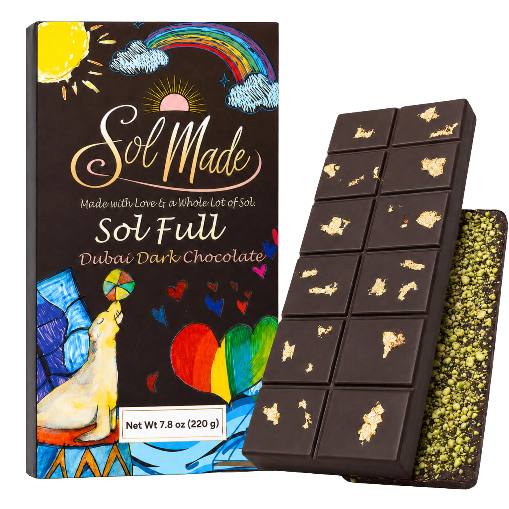 Sol Made Sweets | Handcrafted Artisan Dark Chocolate Bar | Dark Chocolate with Pistachio Cream & Crunchy Kataifi | Gourmet Gift [ 7.8 oz]