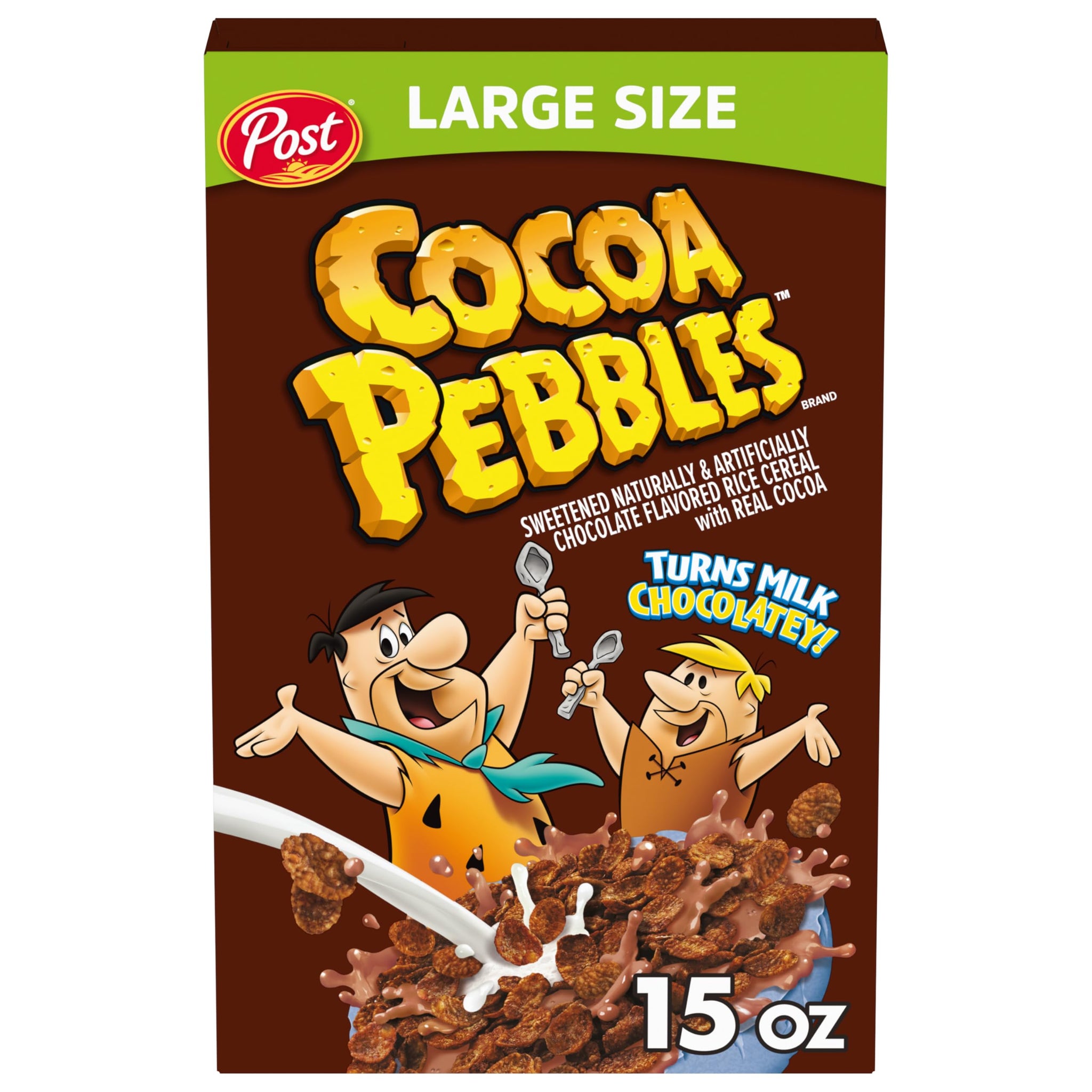 Cocoa Pebbles, Chocolatey Kids Cereal Sweetened Rice Crunch, Large Size, 15 Ounce