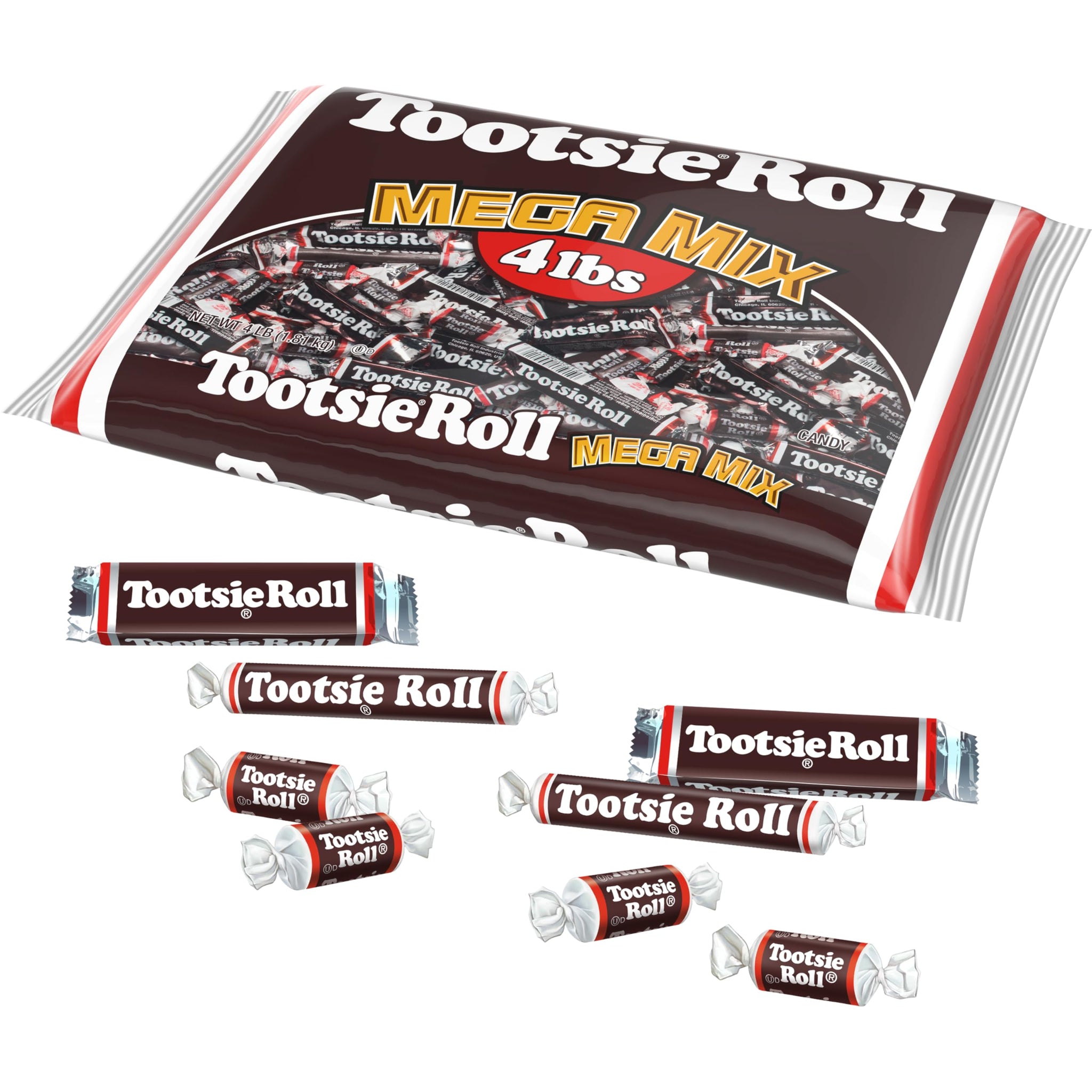 Tootsie Roll Mega Mix, 4 Different Shapes and Sizes of Classic Chocolatey Tootsie Rolls - 4 Pound Bag