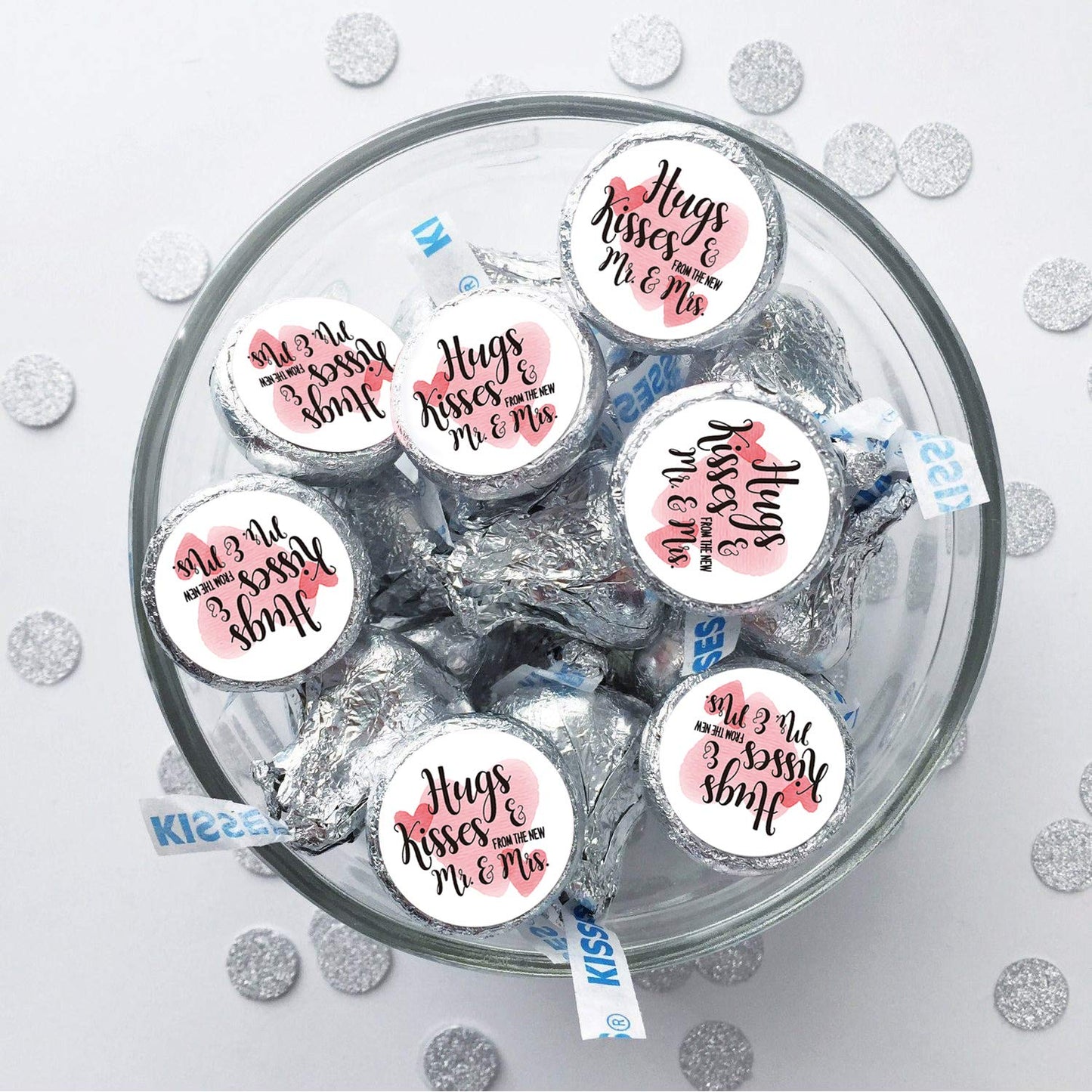 Chocolate Drop Labels Stickers, Hugs & Kisses from The New Mr. & Mrs., 180 Pack, Fits Hershey's Kisses Party Favors, Wedding Stickers for Weddings