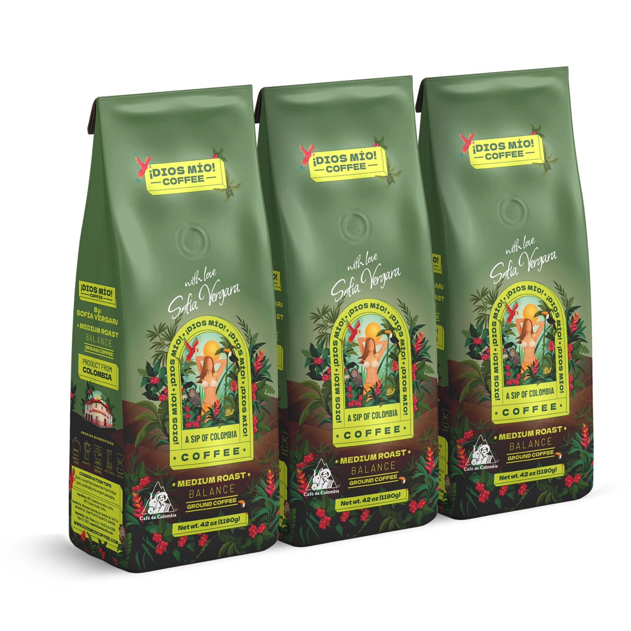 Dios Mio Coffee by Sofia Vergara, Medium Roast, Ground Premium Colombian Coffee, 12 Ounce Bag (Pack of 3)