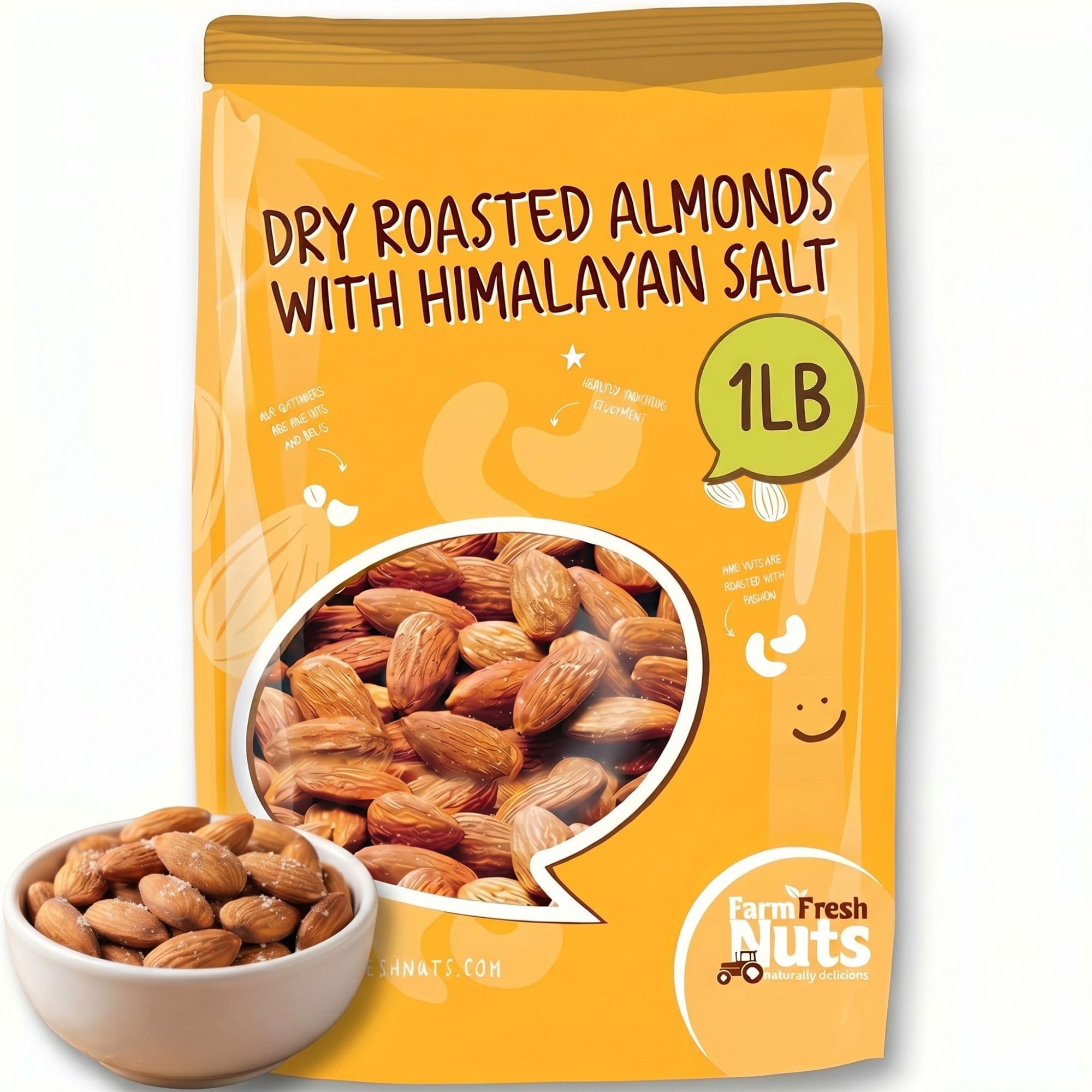 Dry Roasted California Almonds with Healthy Himalayan Salt (1 LB) - Vegan & Keto Friendly - Roasted to Perfection - Super Crunchy - Farm Fresh Nuts