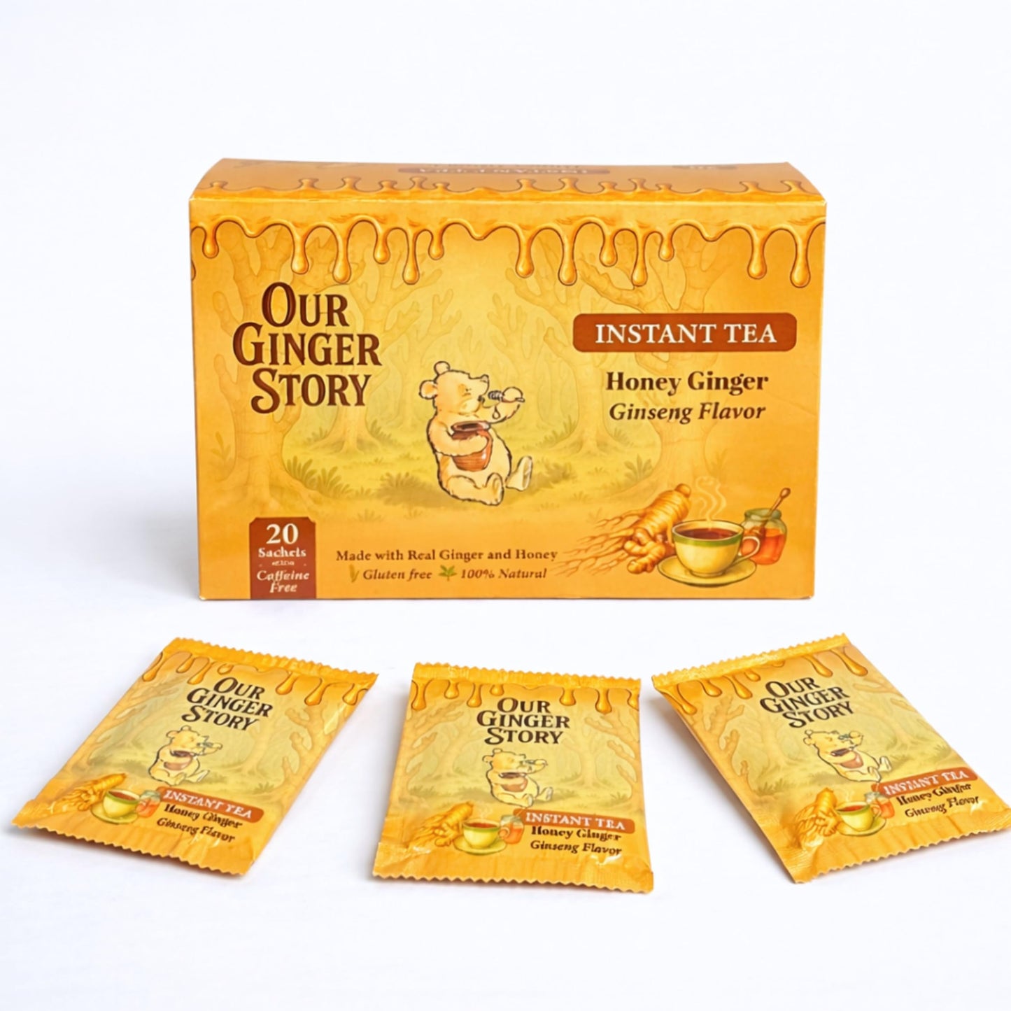 Premium Honey Ginger Instant Tea Crystals, With Ginseng 20 Sachets Real Ginger Real Honey Pure Cane Sugar Caffeine Free Hot Or Cold Single Serve Drink