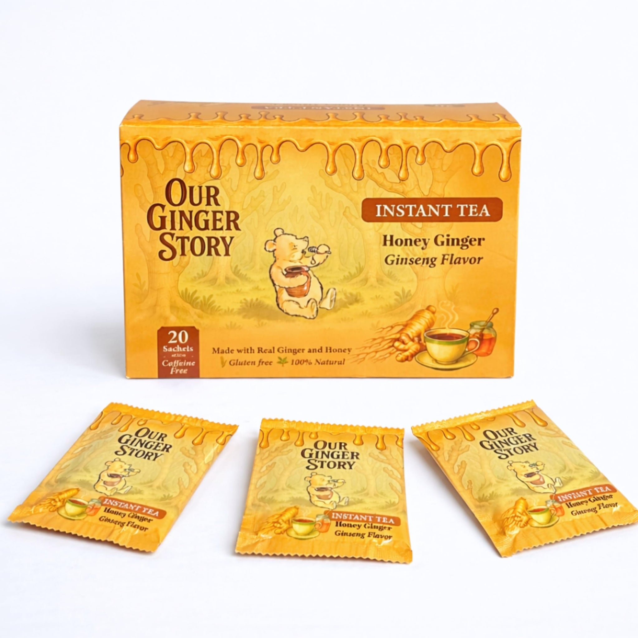 Premium Honey Ginger Instant Tea Crystals, With Ginseng 20 Sachets Real Ginger Real Honey Pure Cane Sugar Caffeine Free Hot Or Cold Single Serve Drink