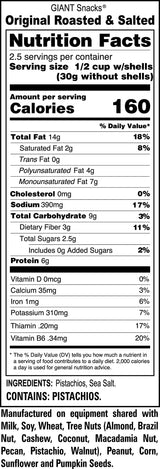 GIANTS Original Salted Pistachios - 5 oz. Bags (12 count case)