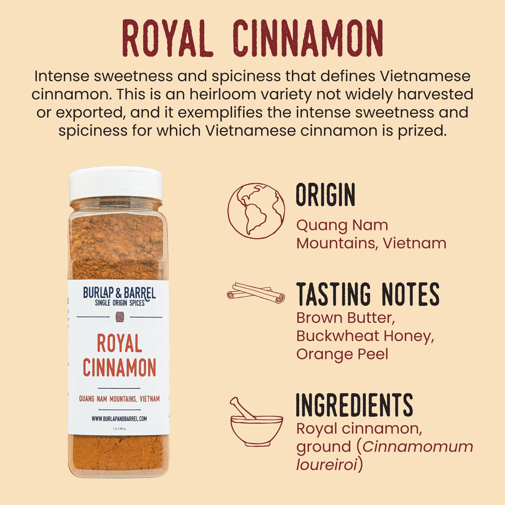 Burlap & Barrel Royal Cinnamon - Intense Sweetness & Spiciness of Vietnamese Cinnamon Powder & Spice - As seen on Shark Tank - 16oz Container