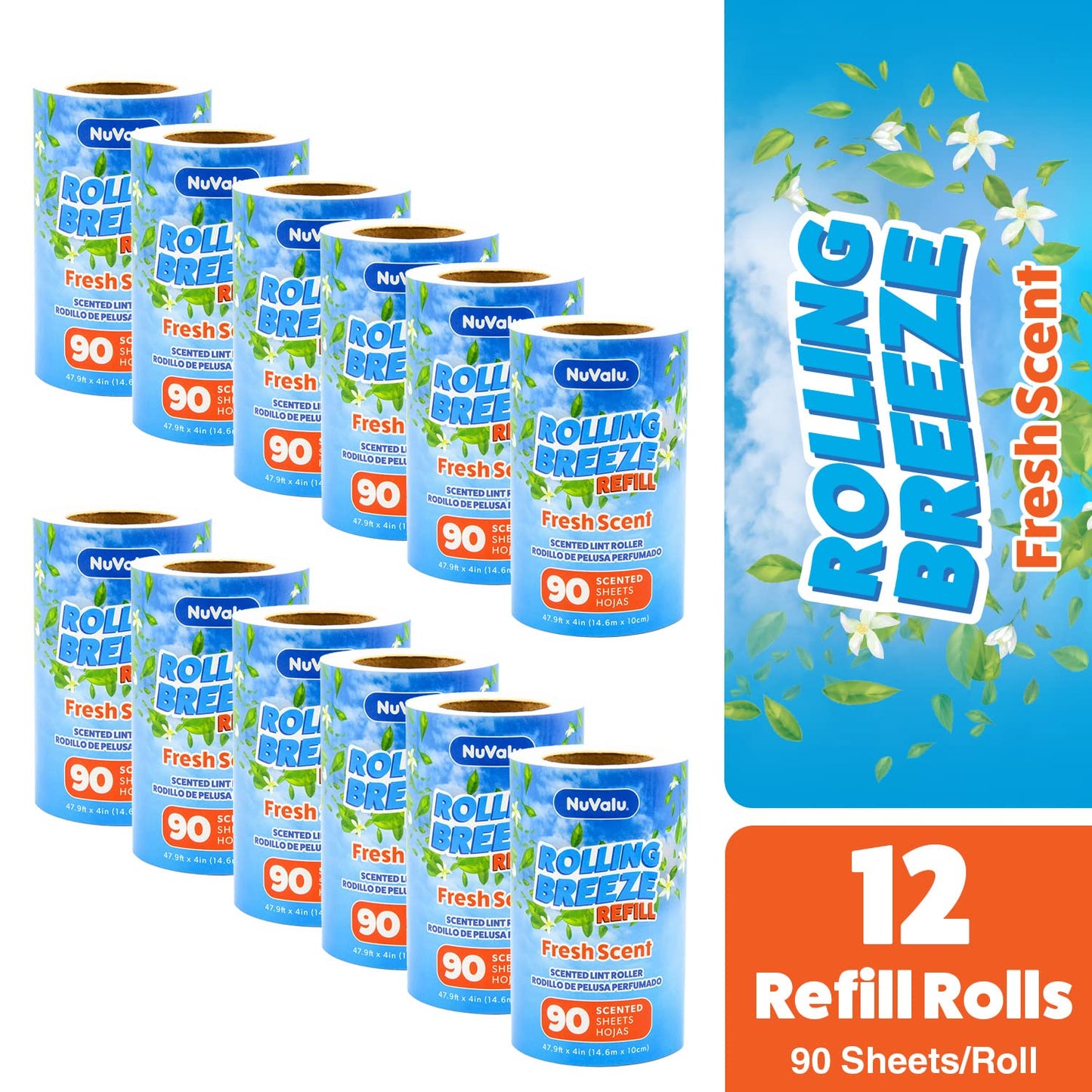 NuValu Rolling Breeze Scented Lint Roller Refill (12 Pack, 1080 Sheets)
