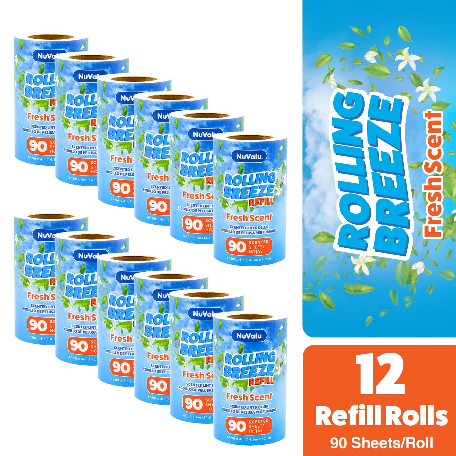 NuValu Rolling Breeze Scented Lint Roller Refill (12 Pack, 1080 Sheets)