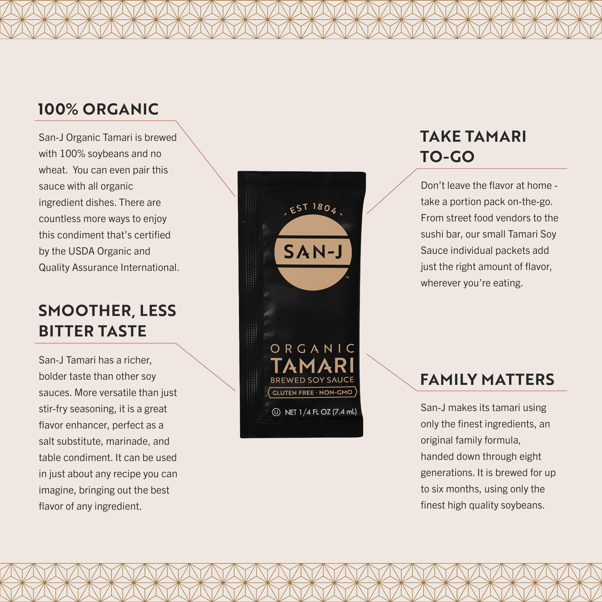 San-J Organic Tamari Soy Sauce, Gluten Free, Portion Packets, 1/4oz, 50 Pk