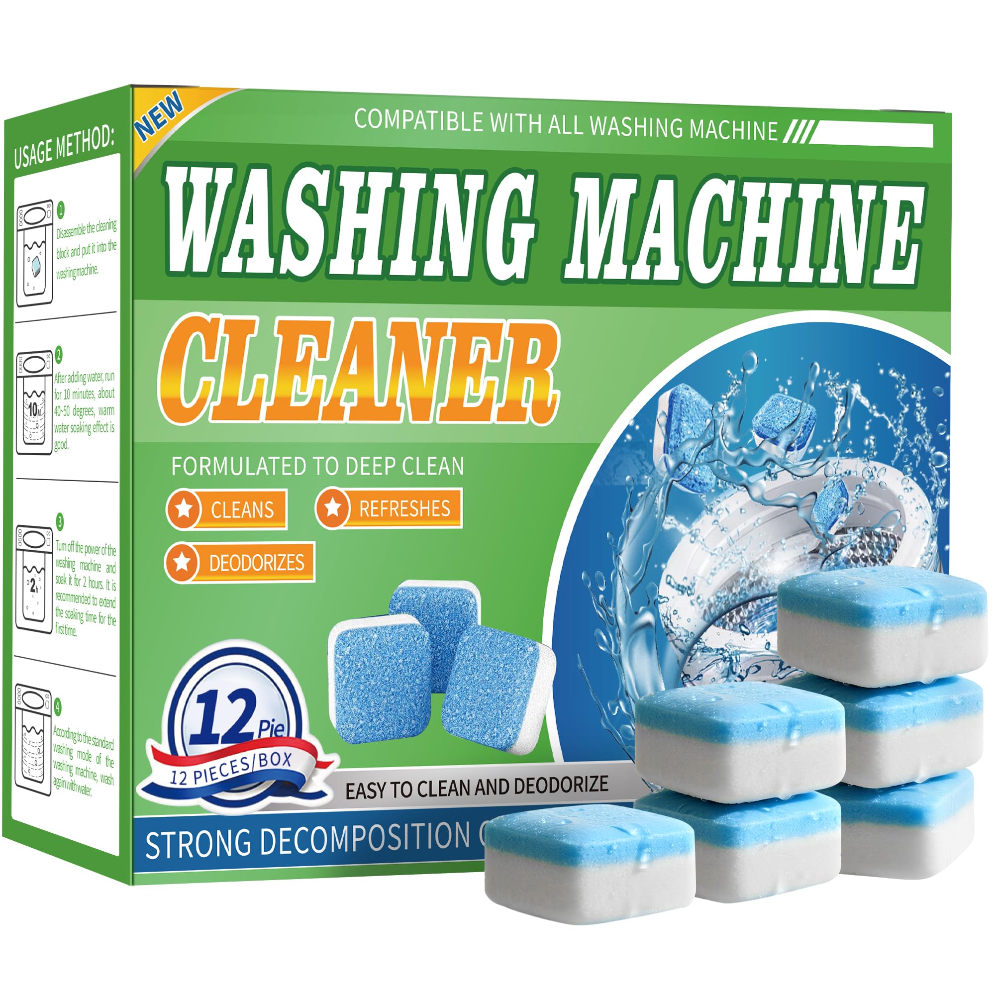 Washing Machine Cleaner Tablets 12 Pack - Deep Cleaning Tablets for HE Front & Top Load Washers, Septic Safe, Eco-Friendly, Removes Residue & Odors