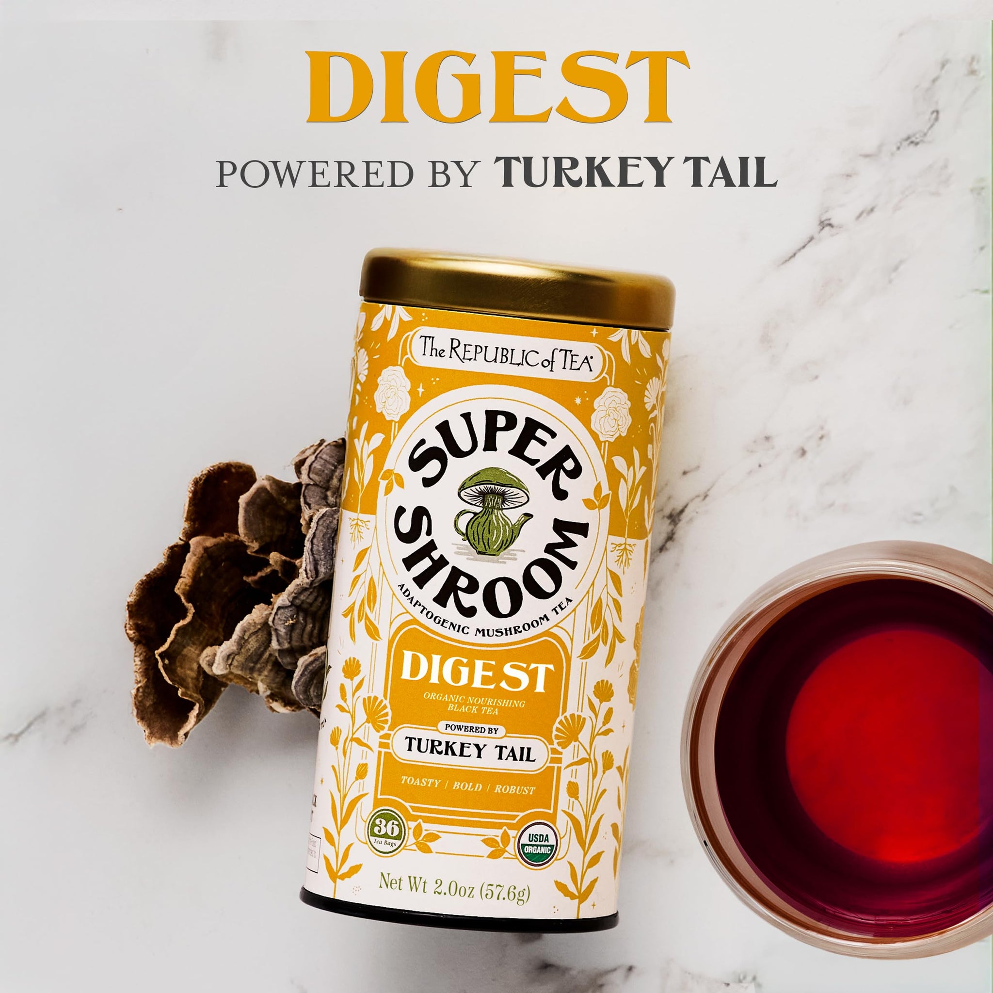 The Republic of Tea SuperShroom Digest Turkey Tail Black Tea, Organic Chicory and Caramel Notes, Naturally Caffeinated, Unbleached Tea Bags in