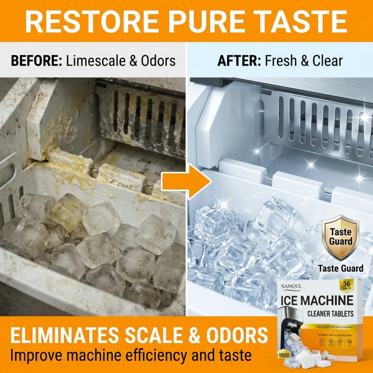 NAMQUL Ice Machine Cleaner Tablets (36 Tablets), Ice Maker Cleaner & Descaler, Nickel Safe Scale Remover, Removes Limescale & Odour - Compatible
