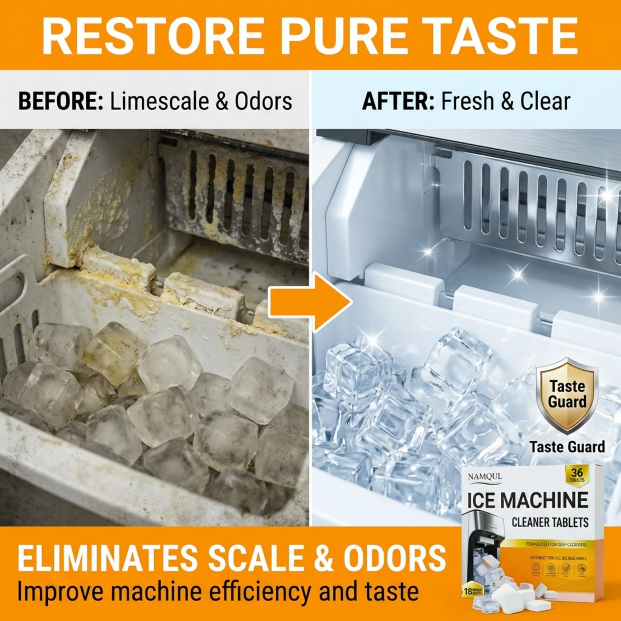 NAMQUL Ice Machine Cleaner Tablets (36 Tablets), Ice Maker Cleaner & Descaler, Nickel Safe Scale Remover, Removes Limescale & Odour - Compatible