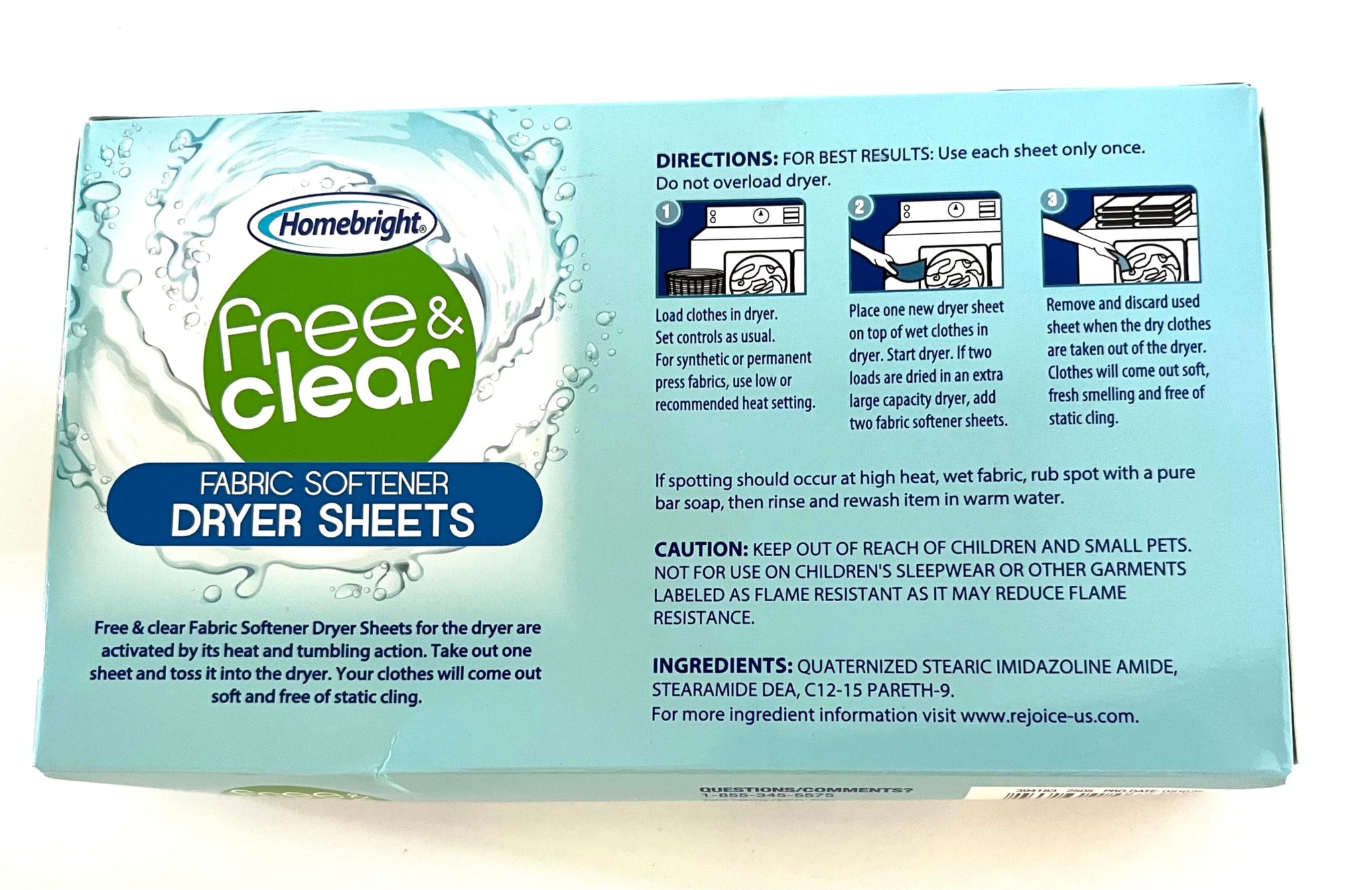 Homebright Free & Clear Fabric Softener Dryer Sheets, Perfume Free, Dye Free, Controls Static Cling, 40 Sheets