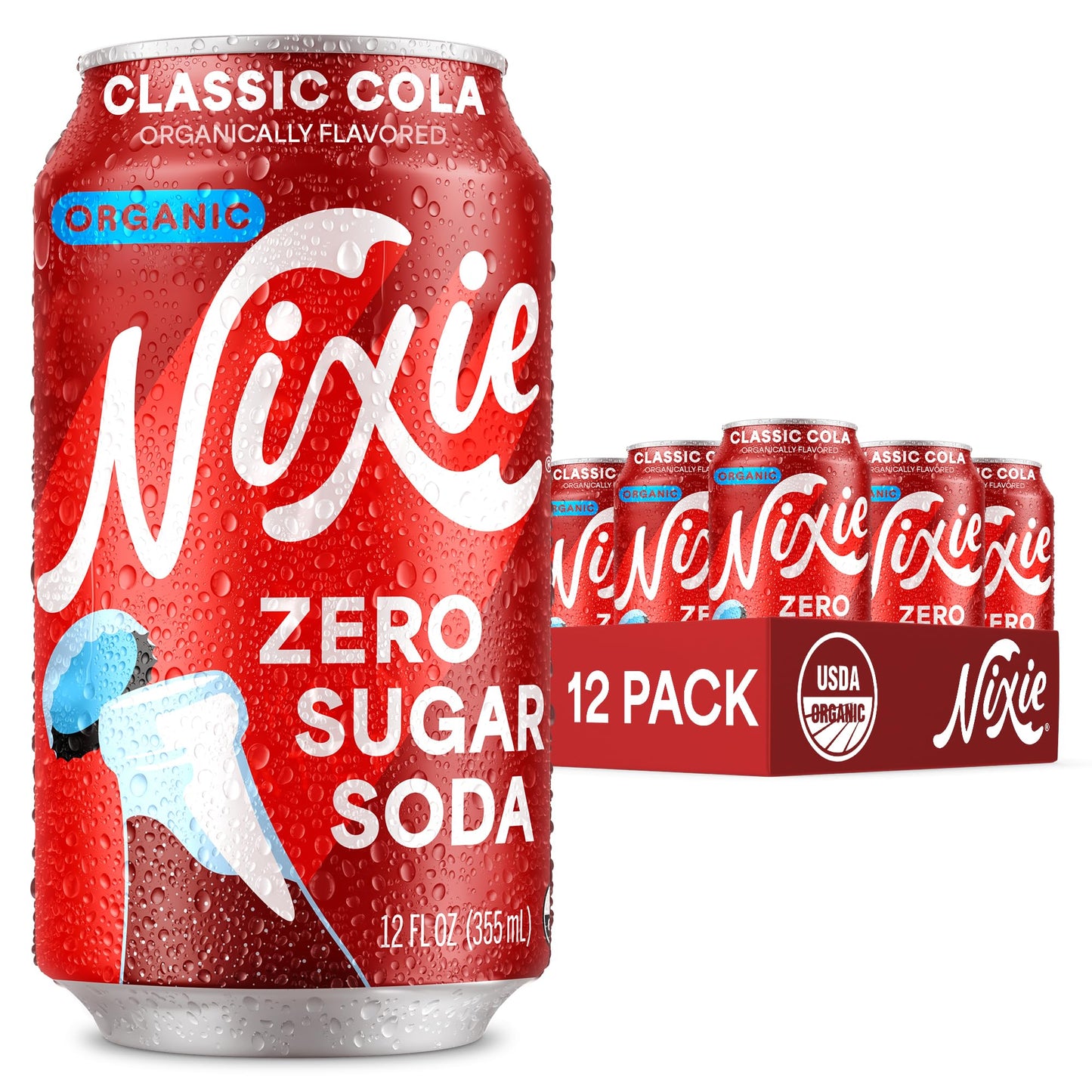 Nixie Organic Zero Sugar Soda, Classic Cola, Healthy Soda Pop, Non-GMO, 0 Sugar, 0 Calories, 40mg Caffeine, 12oz Cans (12 Pack)
