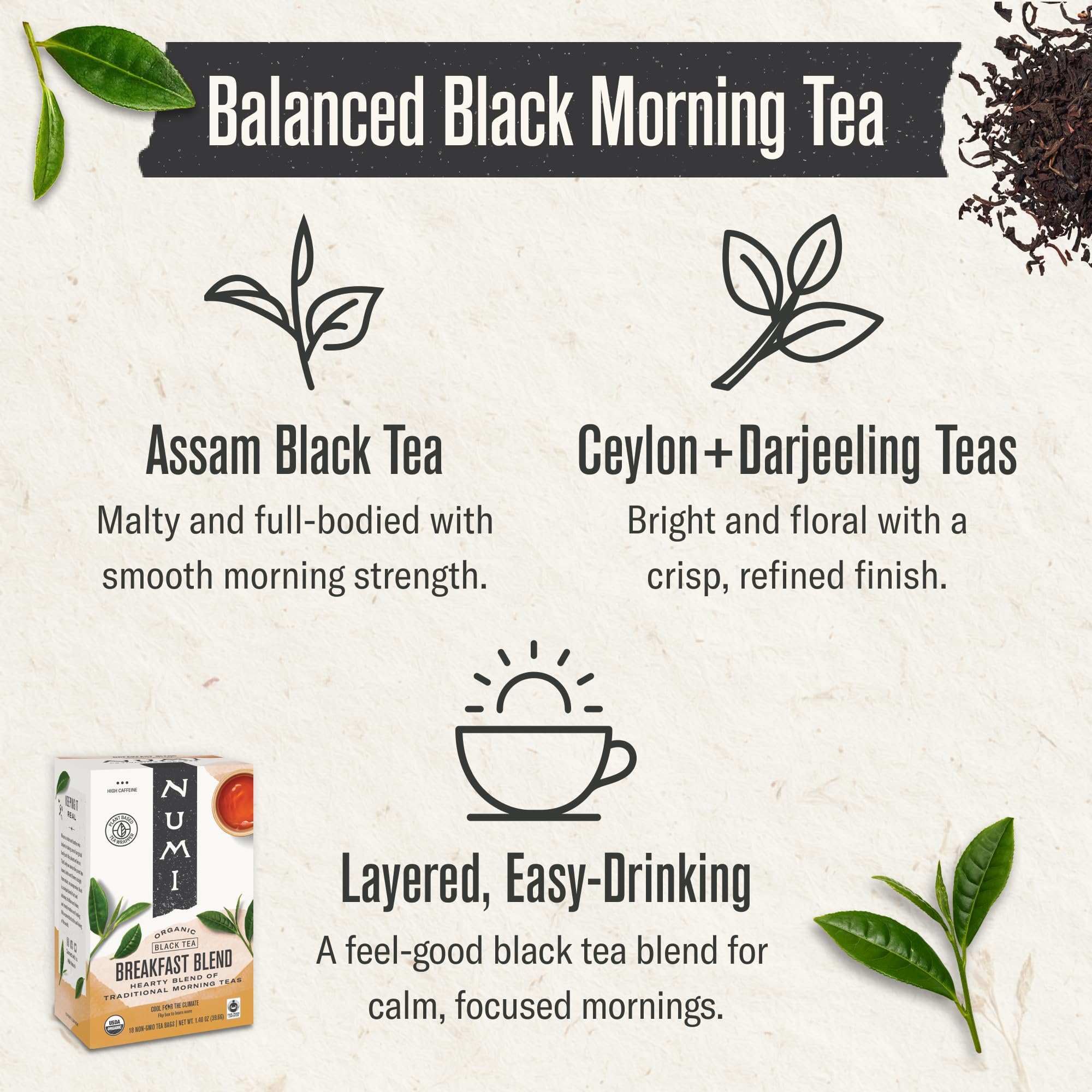 Numi Organic Breakfast Blend Tea | 18 Black Tea Bags | Assam, Ceylon & Darjeeling Black Teas | Caffeinated