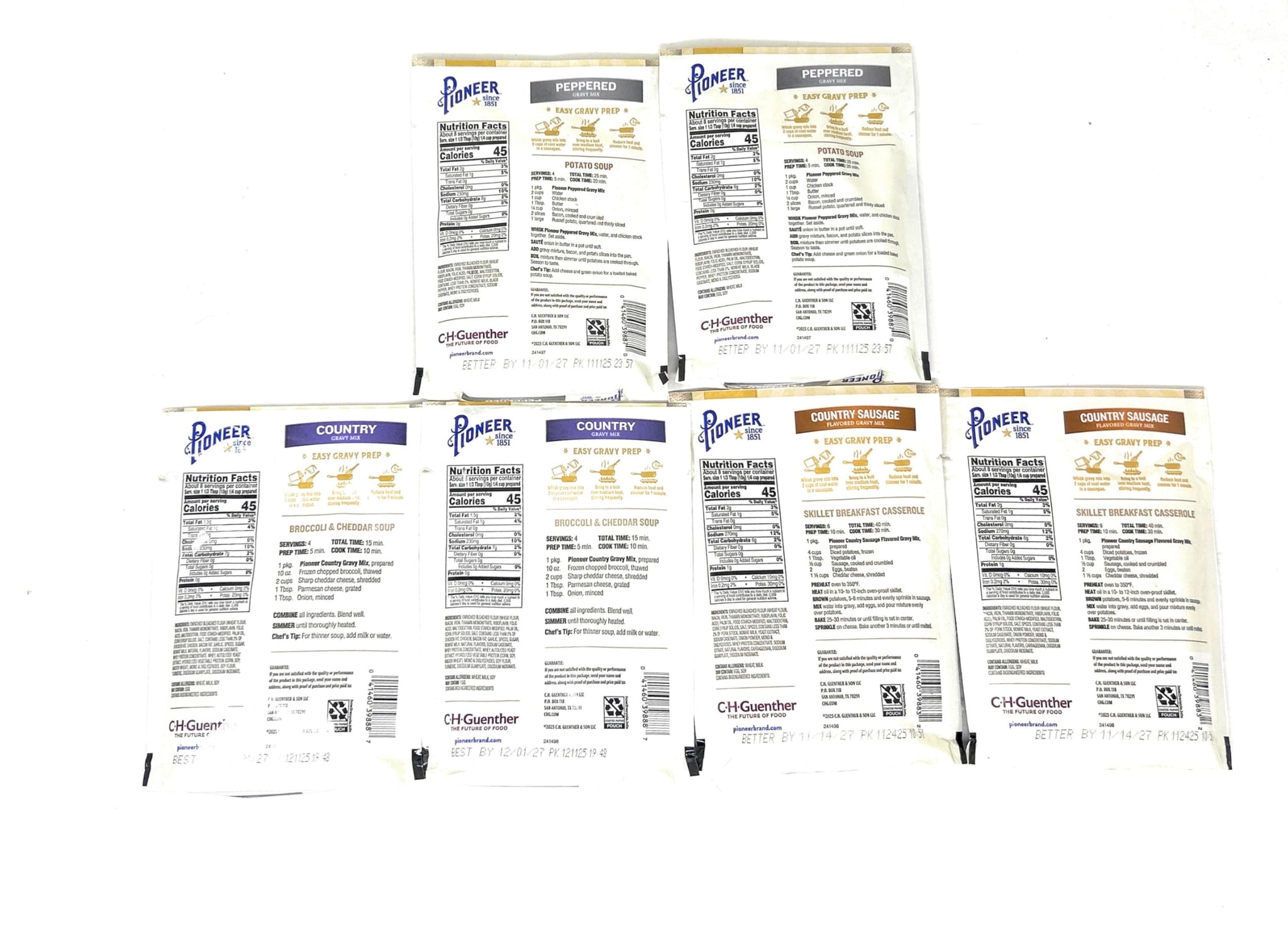 Pioneer Brand Gravy Variety Bundle, 2.75 oz (Pack of 6) includes 2-Count Peppered Gravy Mix + 2-Count Country Sausage Flavor Gravy Mix + 2-Count