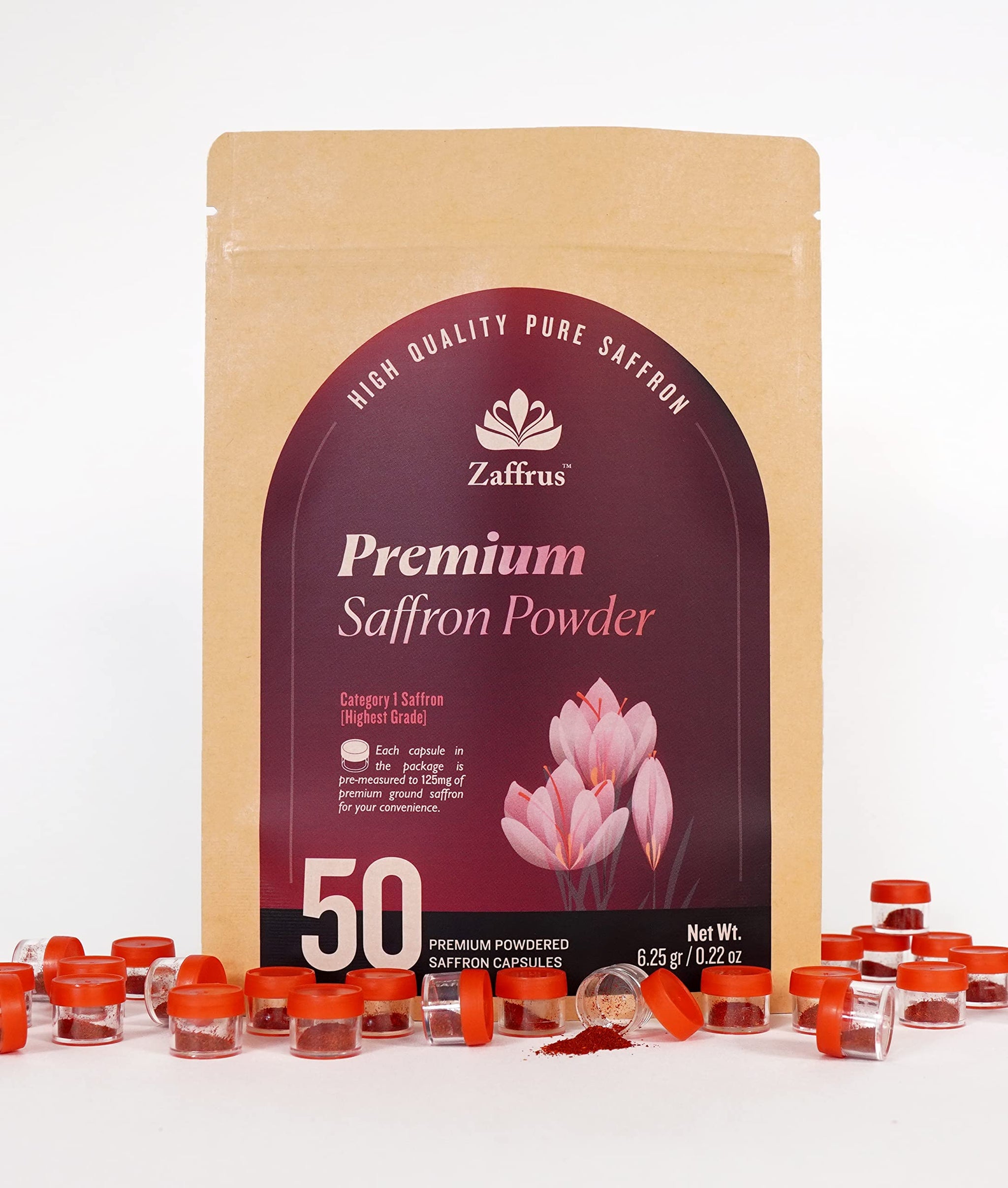 Zaffrus - Premium Saffron Powder for Cooking, Athletes, Specialty Drinks Fans - Pack of 50 (6.25 gram/ .2204 oz)