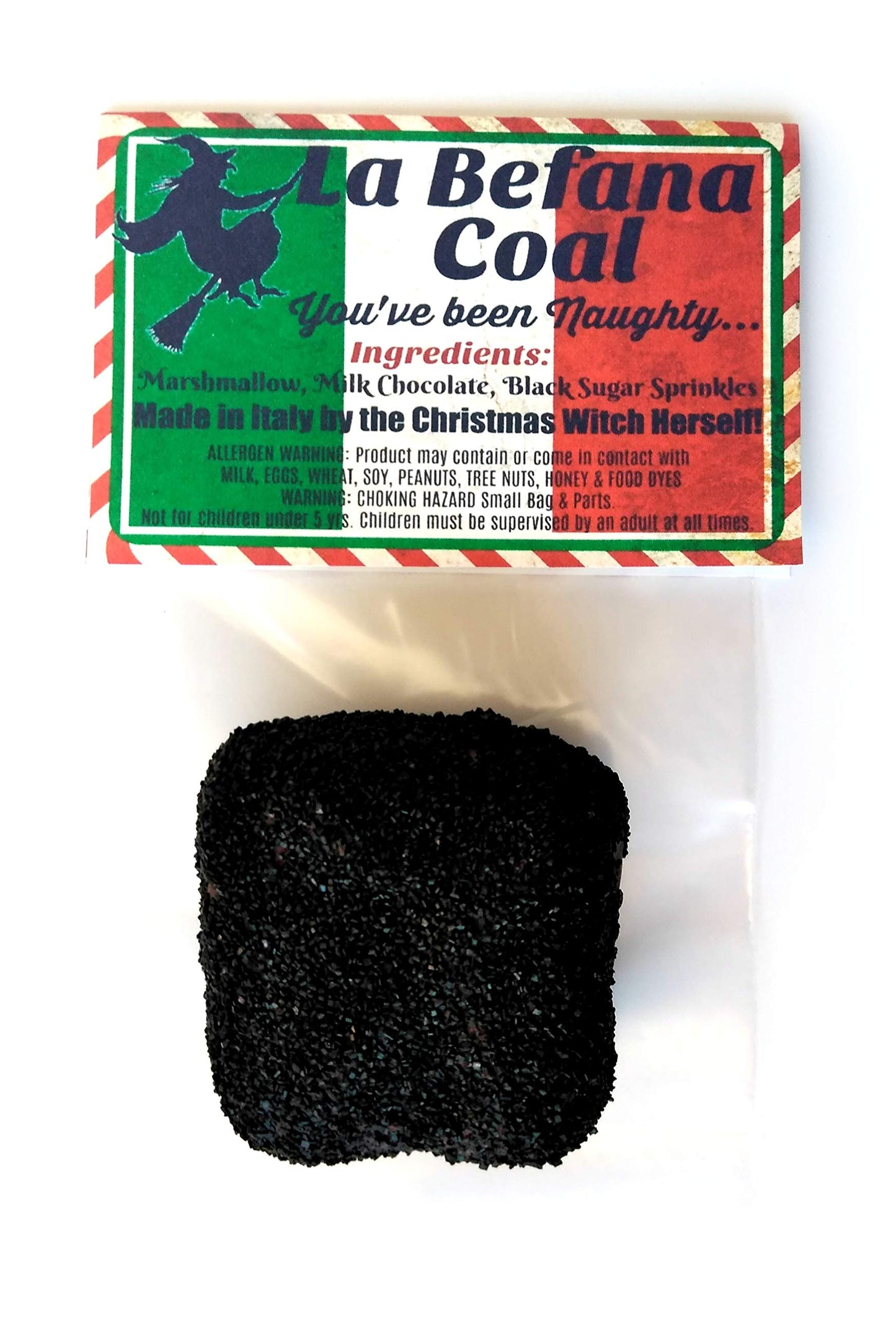 La Befana Coal Italian Christmas Witch Broom Holiday Tradition Epiphany Italy Italia Novelty Gag Gift Stocking Stuffer Chocolate Covered Marshmallow
