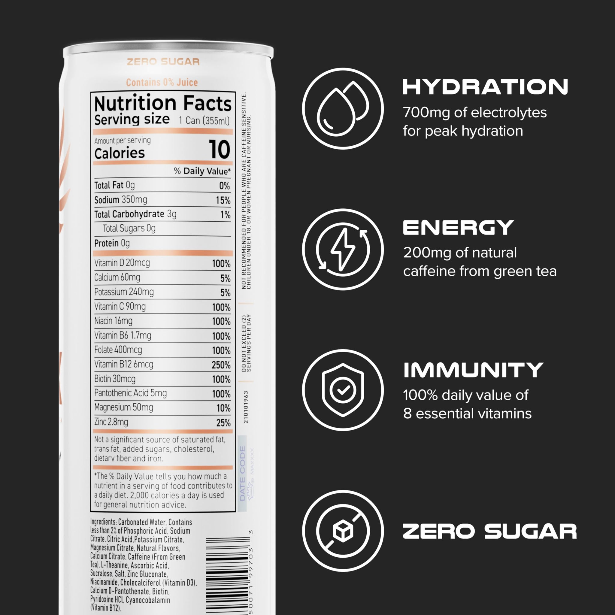 PHX Hydration Energy Drink - 700mg Electrolytes, 200mg Natural Green Tea Caffeine, 100% Daily Value 8 Essential Vitamins - 12 oz Cans (12 Pack) (12