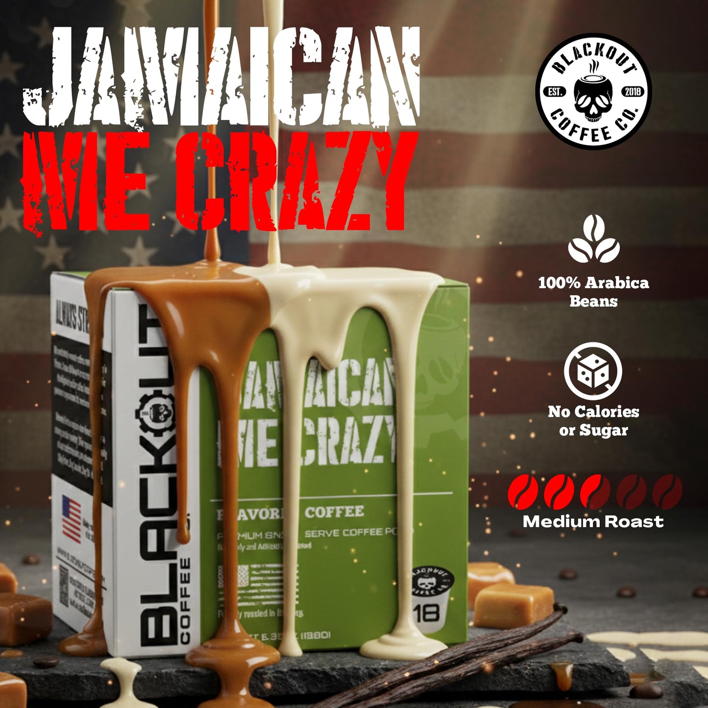 Blackout Coffee Jamaican Me Crazy Flavored Pods, Freshly Roasted in the USA - K-Cup Compatible Single-Serve Pods (18 Count)