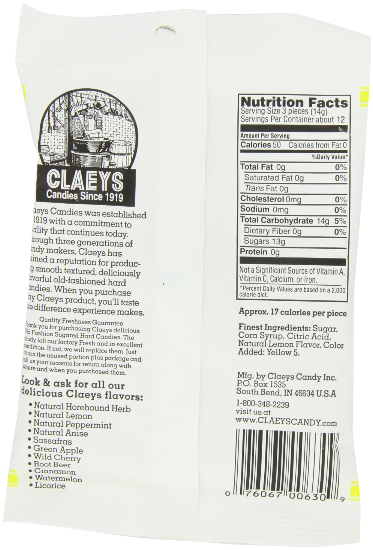 Claey's Candies Lemon Drops - Old Fashioned Hard Candy - 100 Percent Naturally Lemon Flavor - Fat-Free - 6 Ounce - 12-Pack