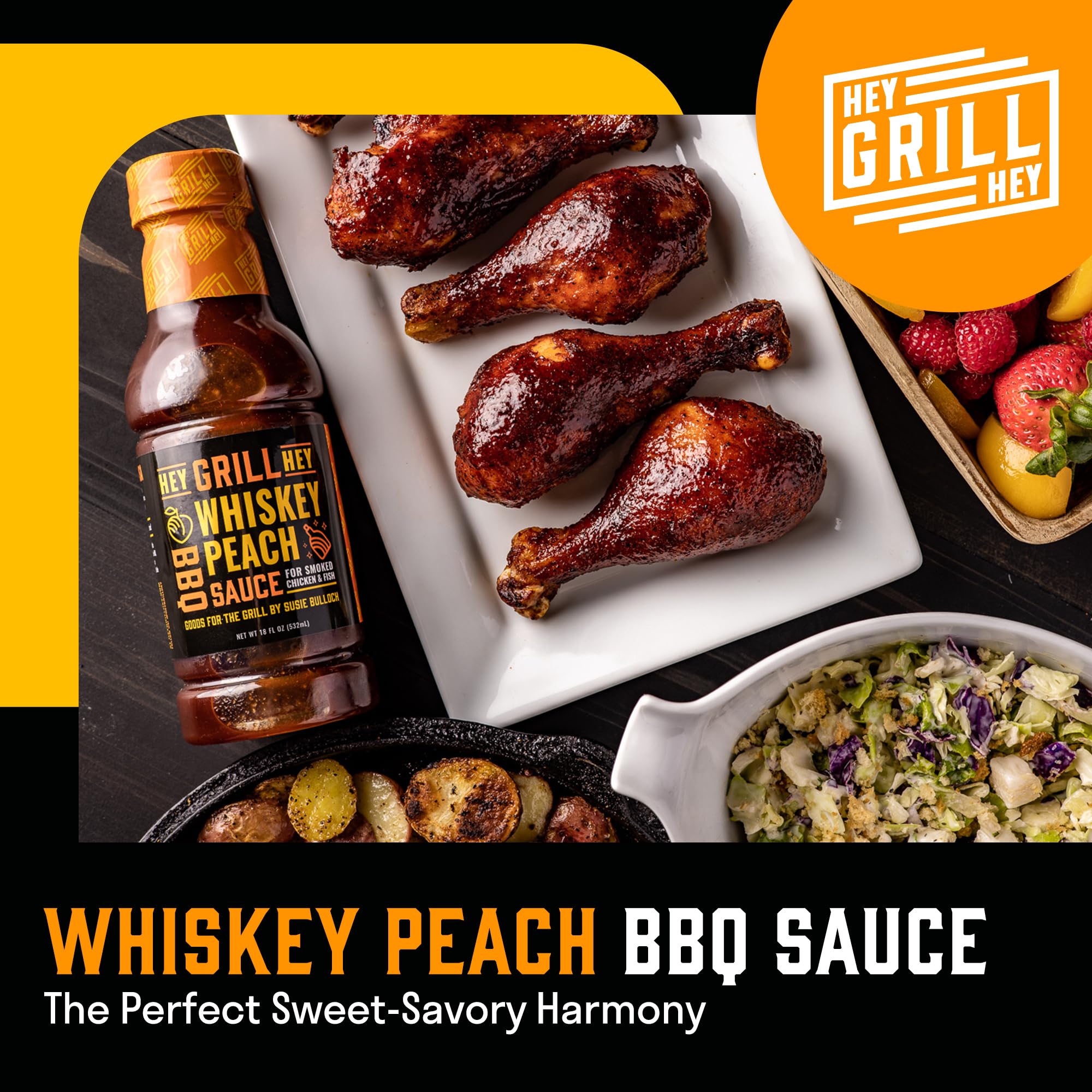 Hey Grill Hey | BBQ Sauce | Sweet and Savory, Chicken Sauce | BBQ Glaze | Salmon, Ribs | Grilling Essentials | Whiskey Peach
