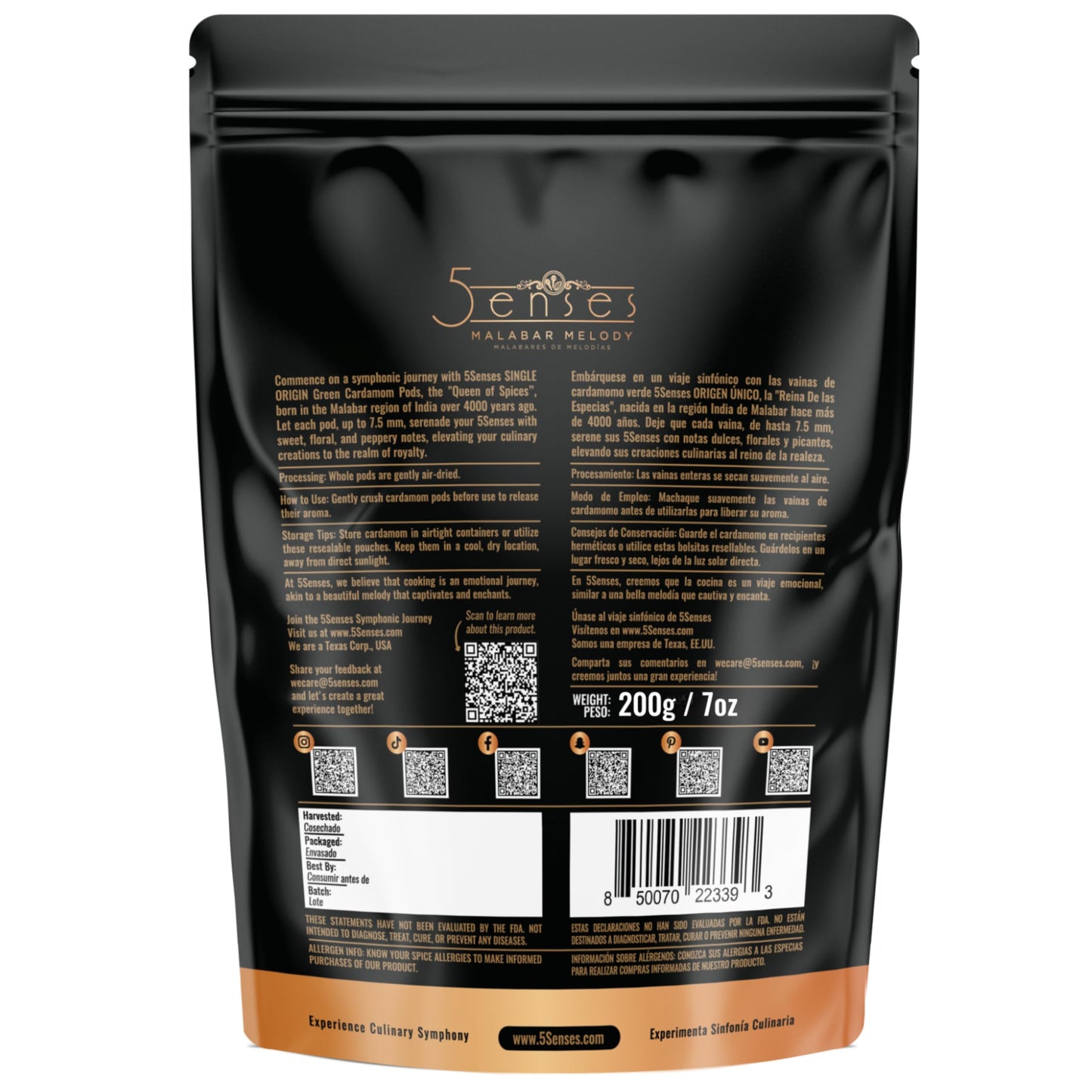 5Senses Green Malabar Cardamom Pods | Cardamomo | Malabar Melody | Single Origin, Non-GMO, Fairtrade Gourmet Spices, Whole Spices (200g/7oz)