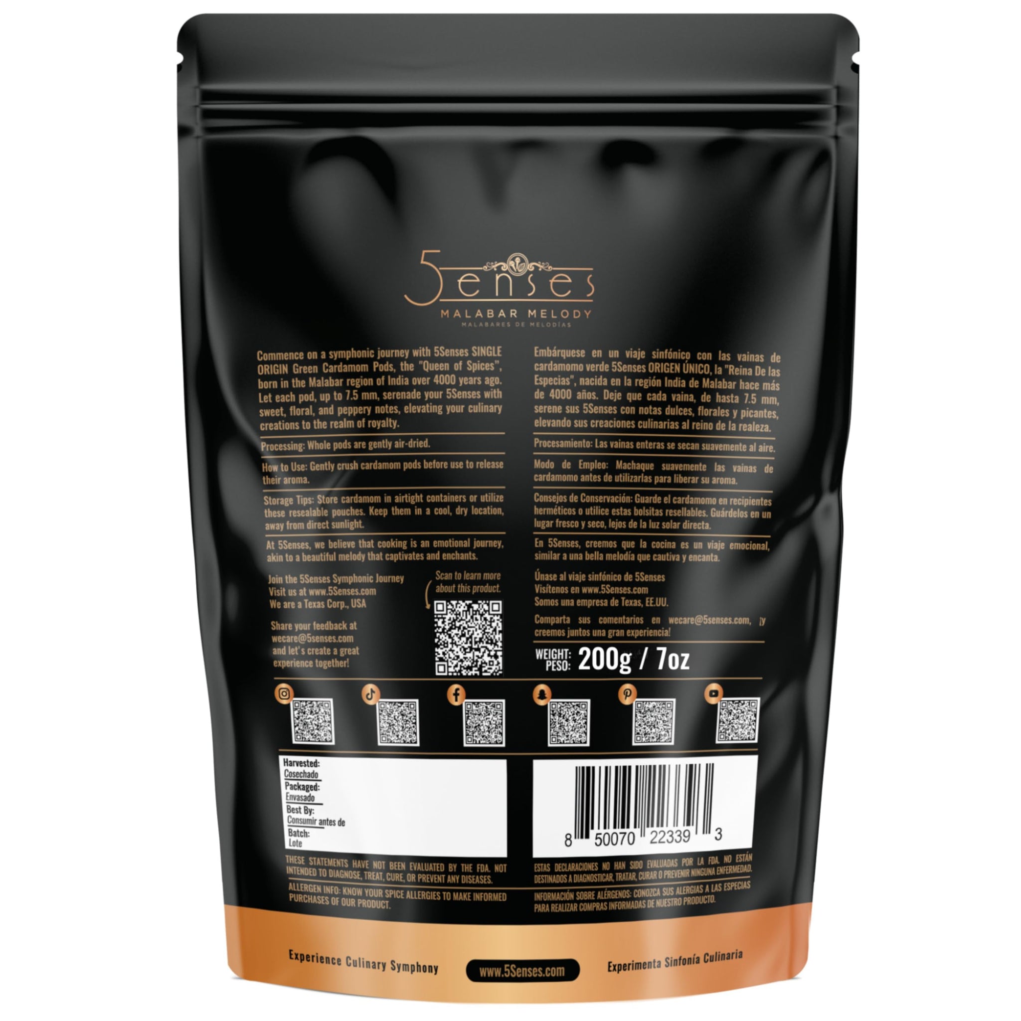 5Senses Green Malabar Cardamom Pods | Cardamomo | Malabar Melody | Single Origin, Non-GMO, Fairtrade Gourmet Spices, Whole Spices (200g/7oz)