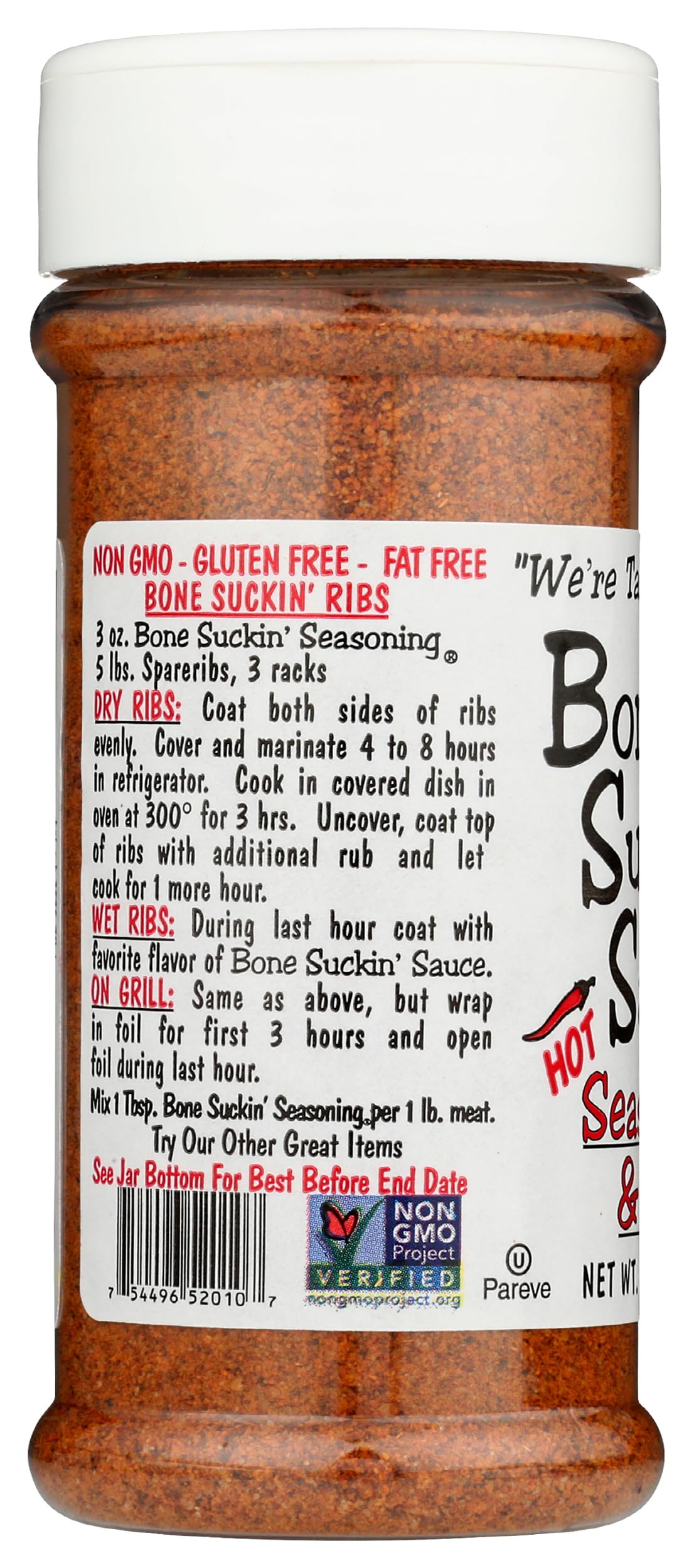 Bone Suckin' Hot Seasoning & Rub, 5.8 Oz - Grilling Rubs, Dry Pork Rub, Gluten-Free, Non-GMO, Kosher, Great on Ribs, Pork, Beef, Chicken, Seafood