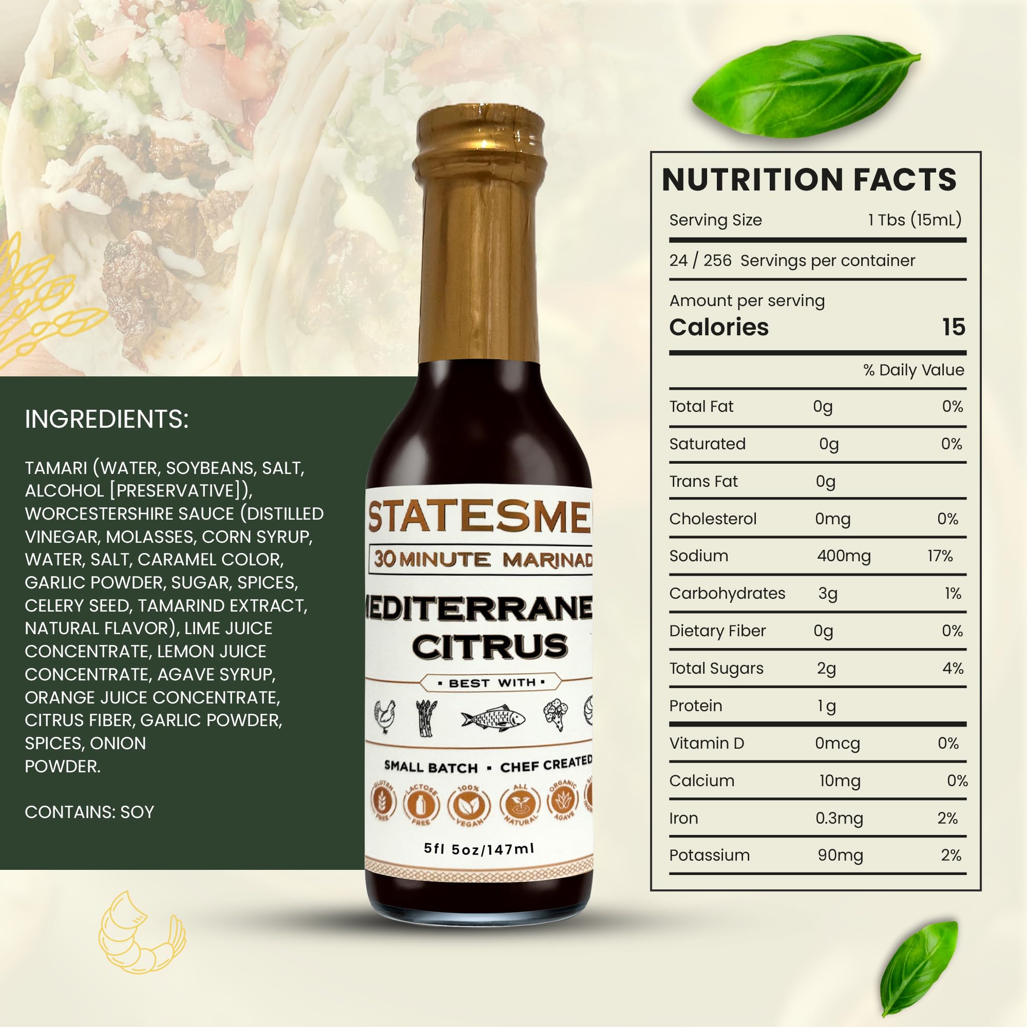 Statesmen Mediterranean Citrus 30 Minute Marinade, 5 oz - Gluten-Free, Vegan, Lactose-Free Herb & Citrus Marinade for Chicken, Fish, Shrimp