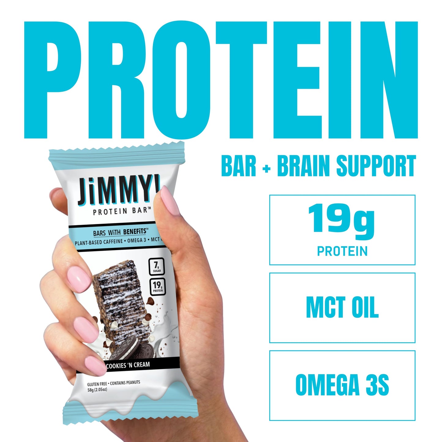 JiMMYBAR! - Cookies N Cream Protein Bars 19g Protein Bar - 7g Low Sugar - 12 Count - 58g Health Bars - Functional Snack with Real Food Ingredients