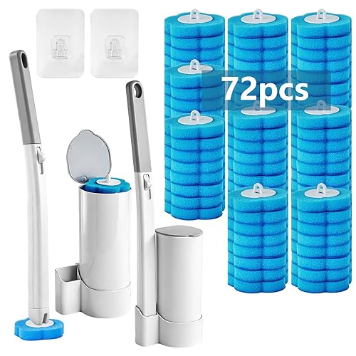 Disposable Toilet Brush and Holder Set, 2 Pack Toilet Wand Kit with 72 Refills, Wall Mounted Toilet Bowl Cleaner System Kit, Toilet Scrubber