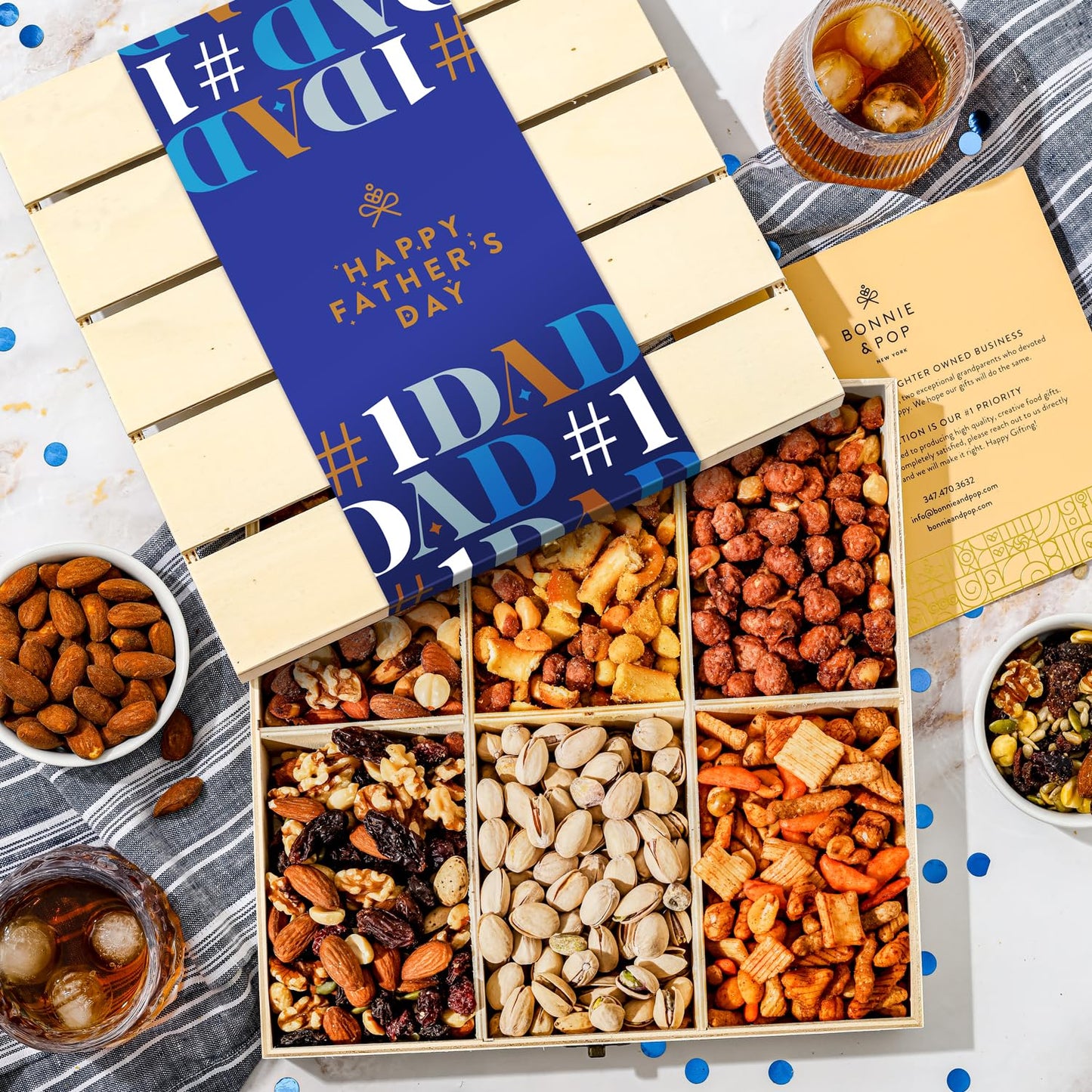 Fathers Day Gift Basket, Nut Gift Basket in Reusable Wooden Crate, Healthy Gift Option, Gourmet Snack Food Box, with Unique Flavors, Great for Dad