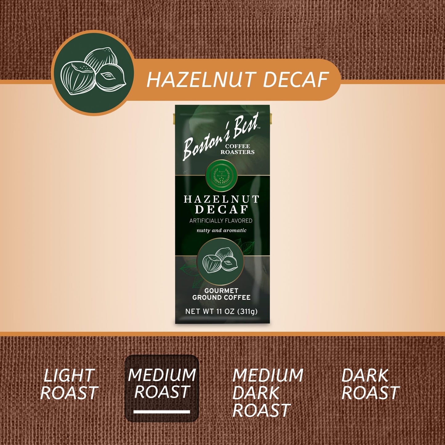 Boston’s Best Coffee - Hazelnut Decaf Gourmet Delicious Medium Roast Nutty Premium Ground Coffee, 11 oz. / 311 g Coffee Bag