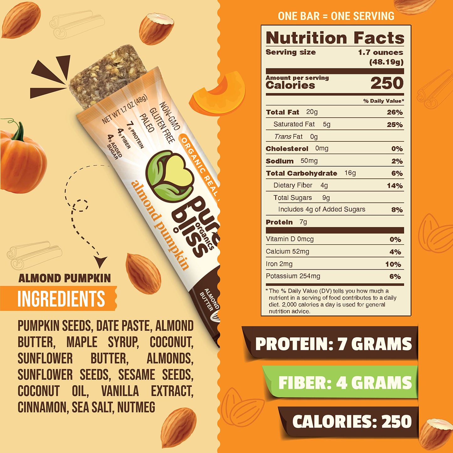 Organic Real Food Bar (Almond Pumpkin) Grain Free - Paleo Friendly - Non-GMO, Gluten Free, Vegan, Nutrition Bars, Super Food Energy Bars, Healthy