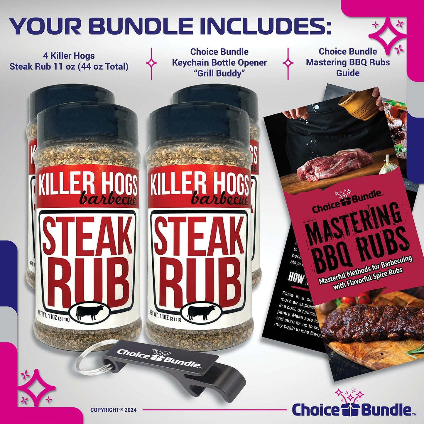 Killer Hogs Steak Rub Premium BBQ Barbecue Spice Seasoning 4 pk (44 oz) + Guide & Bottle Opener (6 Items)!