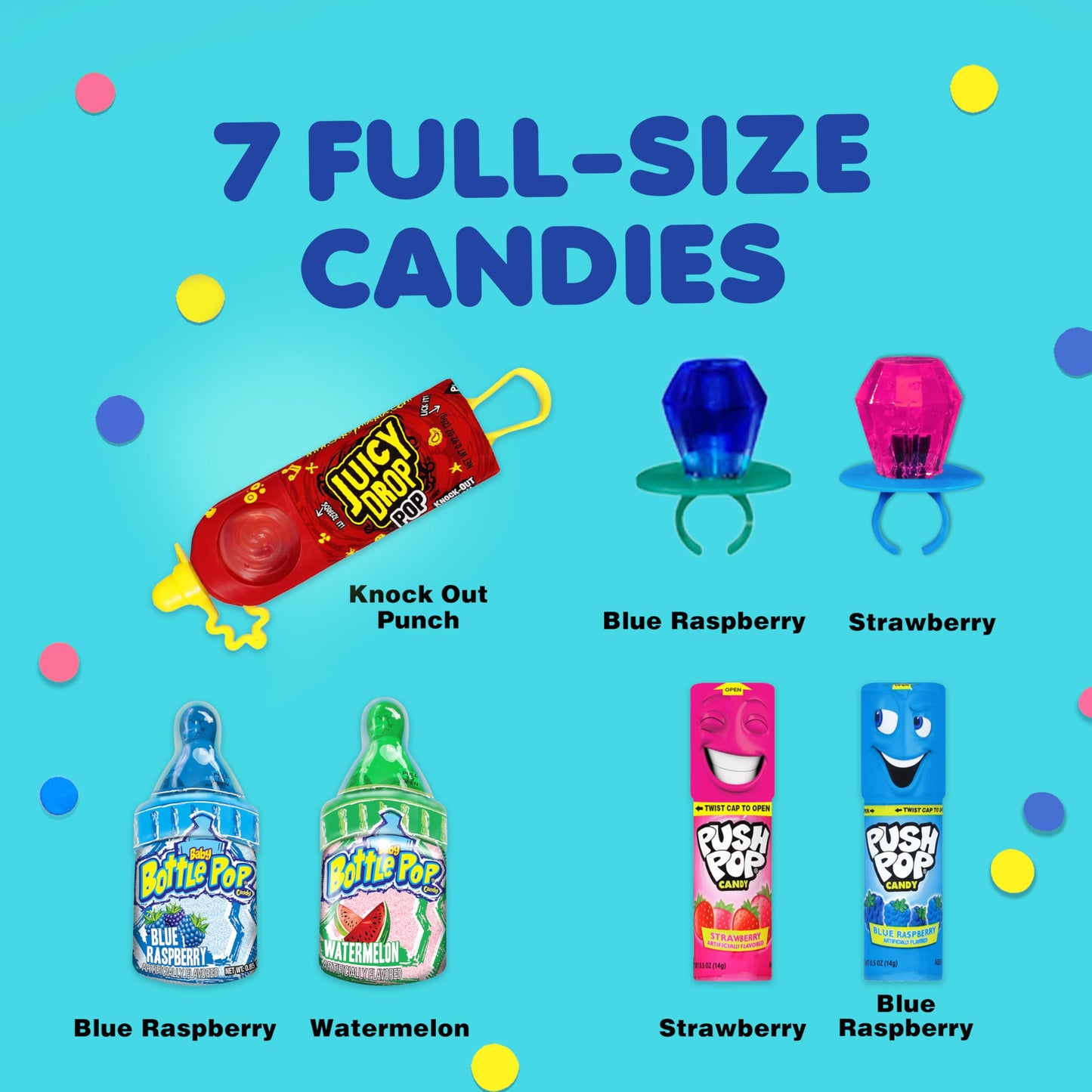 Bazooka Assorted Candy Variety Pack - 7 Ct Individually Wrapped Lollipops & Suckers - Ring Pop, Push Pop & Juicy Drop Sweet Snacks For Kids Party