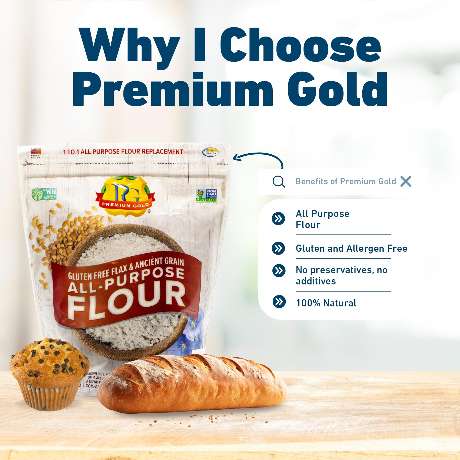 Premium Gold Gluten Free All Purpose Flour, 5 Pound, Gluten-Free, Non-GMO, Kosher, High In Fiber, Source of Omega-3, Plant-Based Protein, No