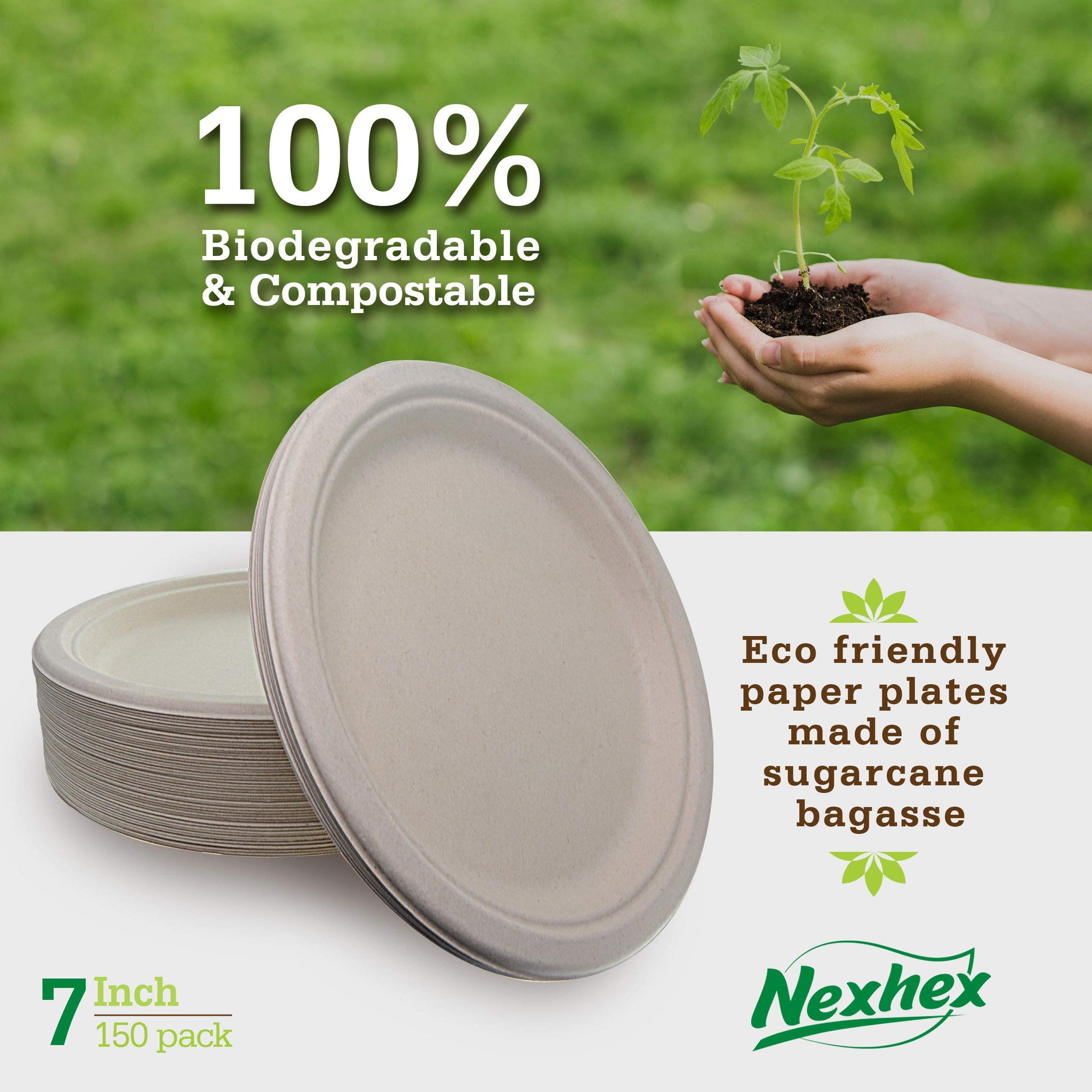 NexHex 7" Paper Plates [150-Pack] Brown Compostable Disposable Biodegradable Premium Natural Eco-Friendly Bagasse, Made of Sugar Cane Fibers