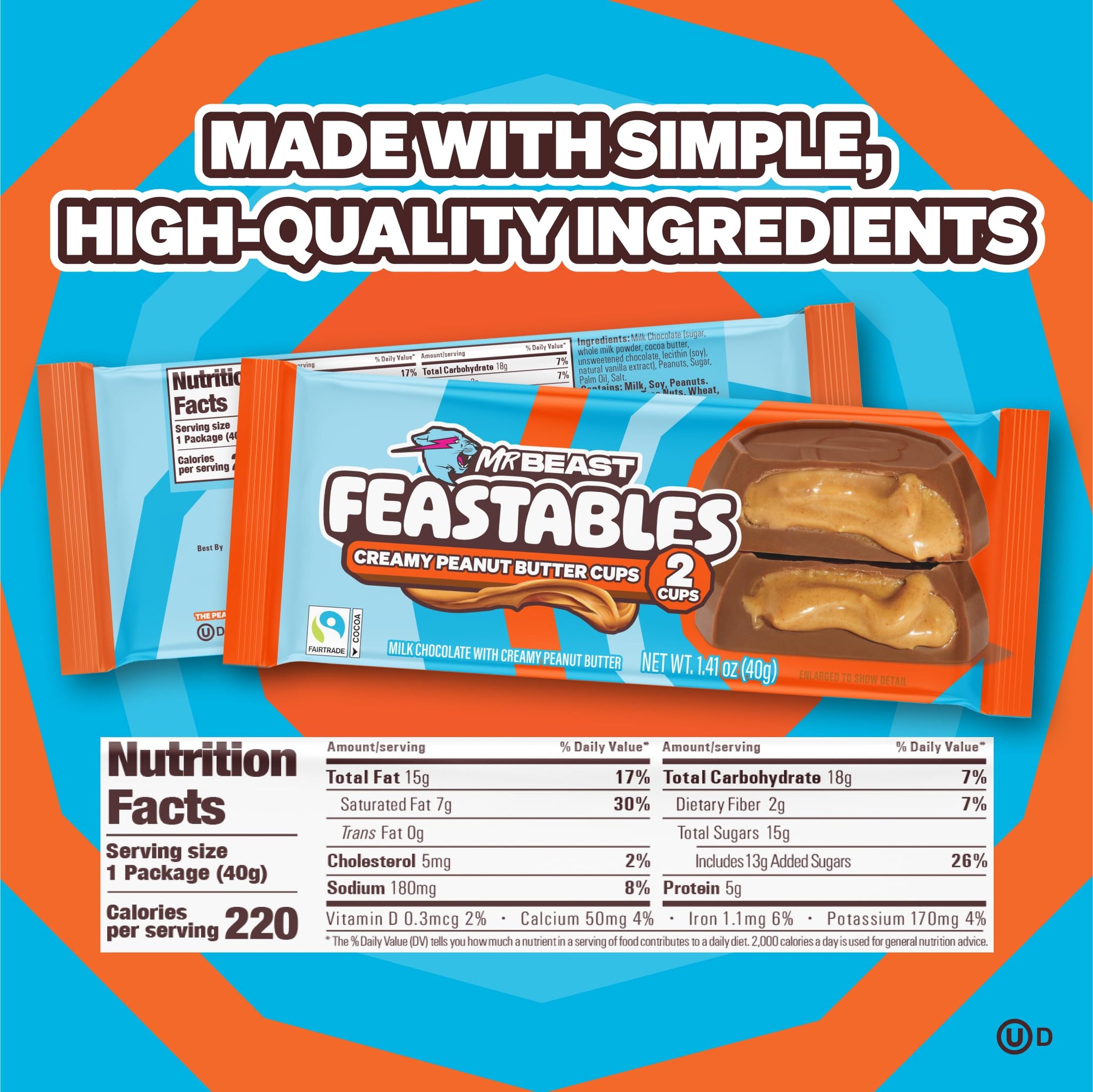MrBeast Feastables Peanut Butter Cups, 24 Count, Milk Chocolate with Creamy Peanut Butter Filling, 2-Cup Packs, Fairtrade Cocoa