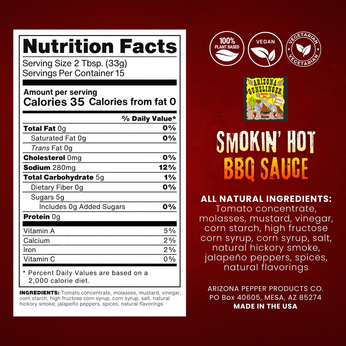 Arizona Gunslinger Smokin’ Hot BBQ Sauce, Gluten Free Wing Sauce, Low Calorie & Organic, Chicken Wings & Grilled Favorites, Ideal for Grilled Meats