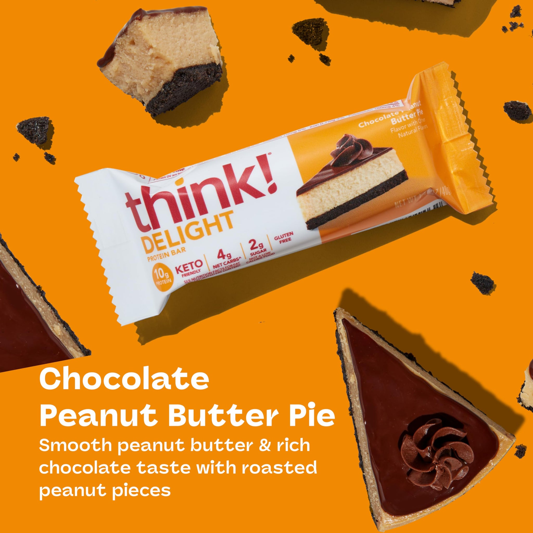think! Delight Protein Bars, Chocolate Peanut Butter Pie, Low Sugar & Low Carb Gluten-Free Snack, Keto Friendly Snacks, 12 Count (Packaging May Vary)