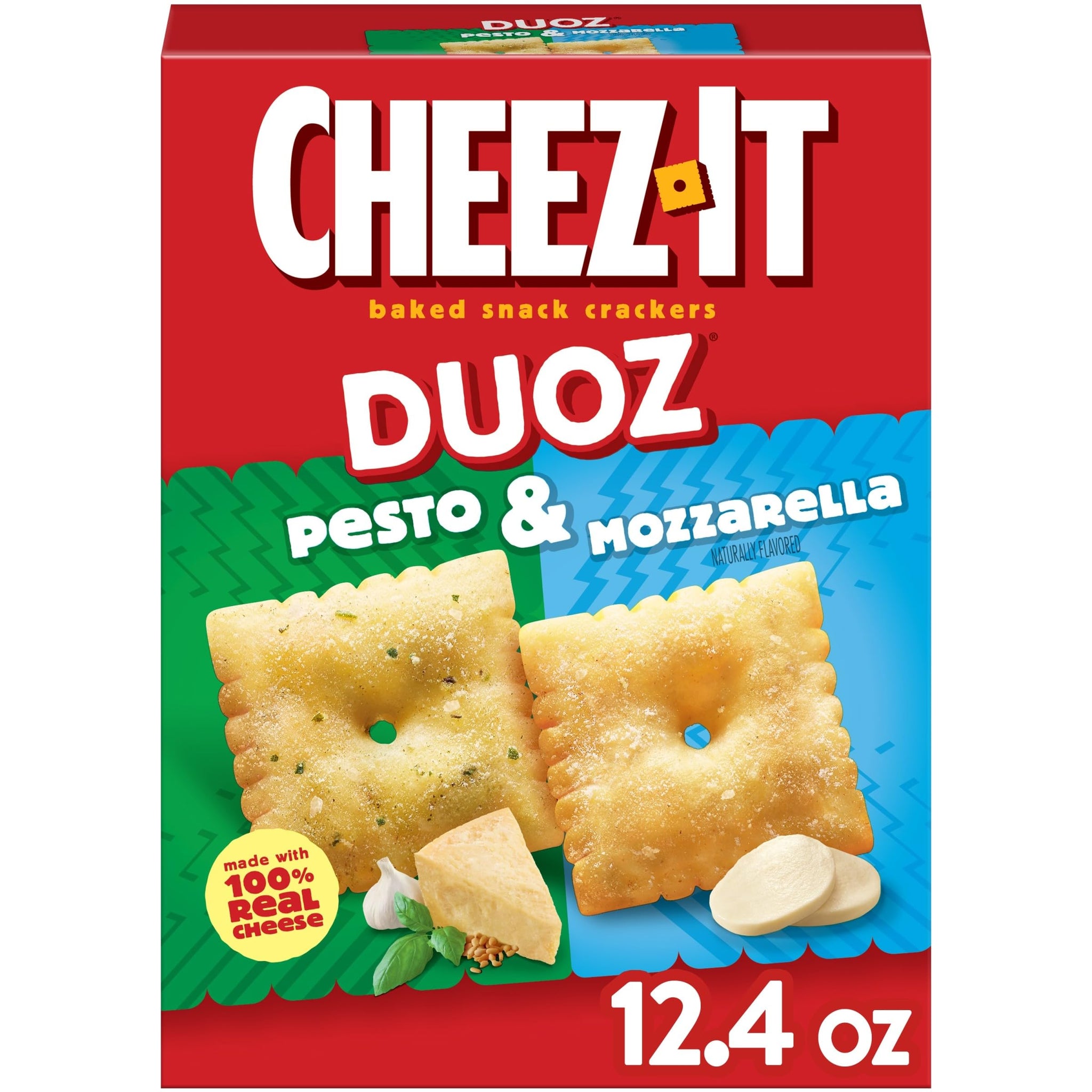 Cheez-It DUOZ Baked Snack Crackers, Lunch Snacks, Pesto and Mozzarella, 12.4oz Box (1 Box)