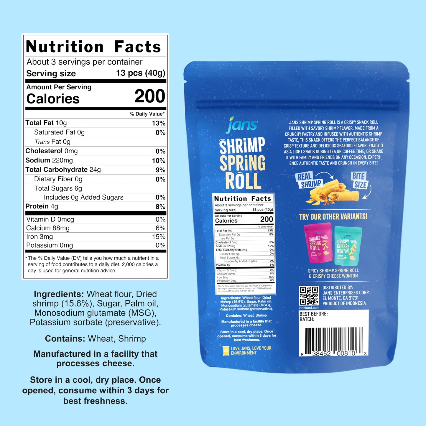 Jans Crispy Asian Snacks Bites, 5.29 oz Resealable Snack Bag (1-Pack, Shrimp Spring Roll)
