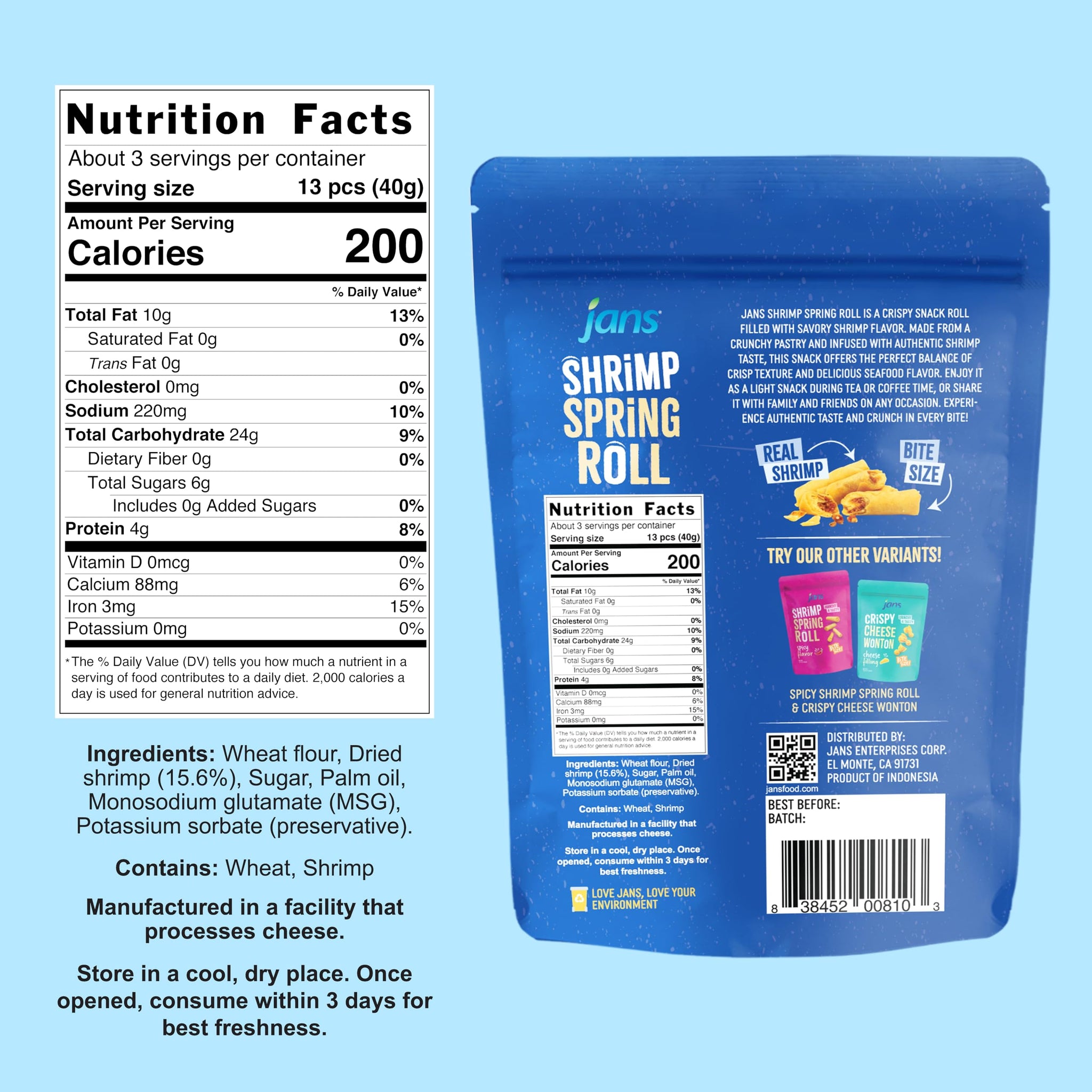 Jans Crispy Asian Snacks Bites, 5.29 oz Resealable Snack Bag (1-Pack, Shrimp Spring Roll)