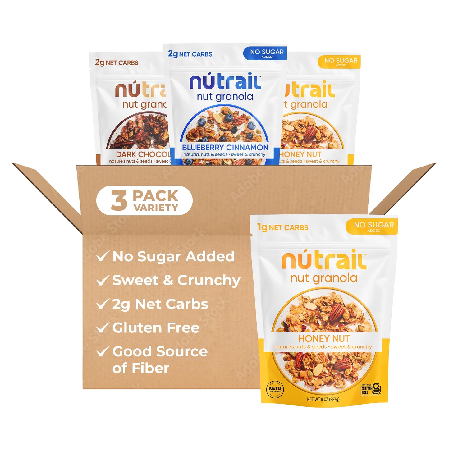 NuTrail Nut Granola Cereal, Variety Pack, No Sugar Added, Keto, Low Carb, Gluten Free, Grain Free, Healthy Breakfast 8 oz. 3 Count
